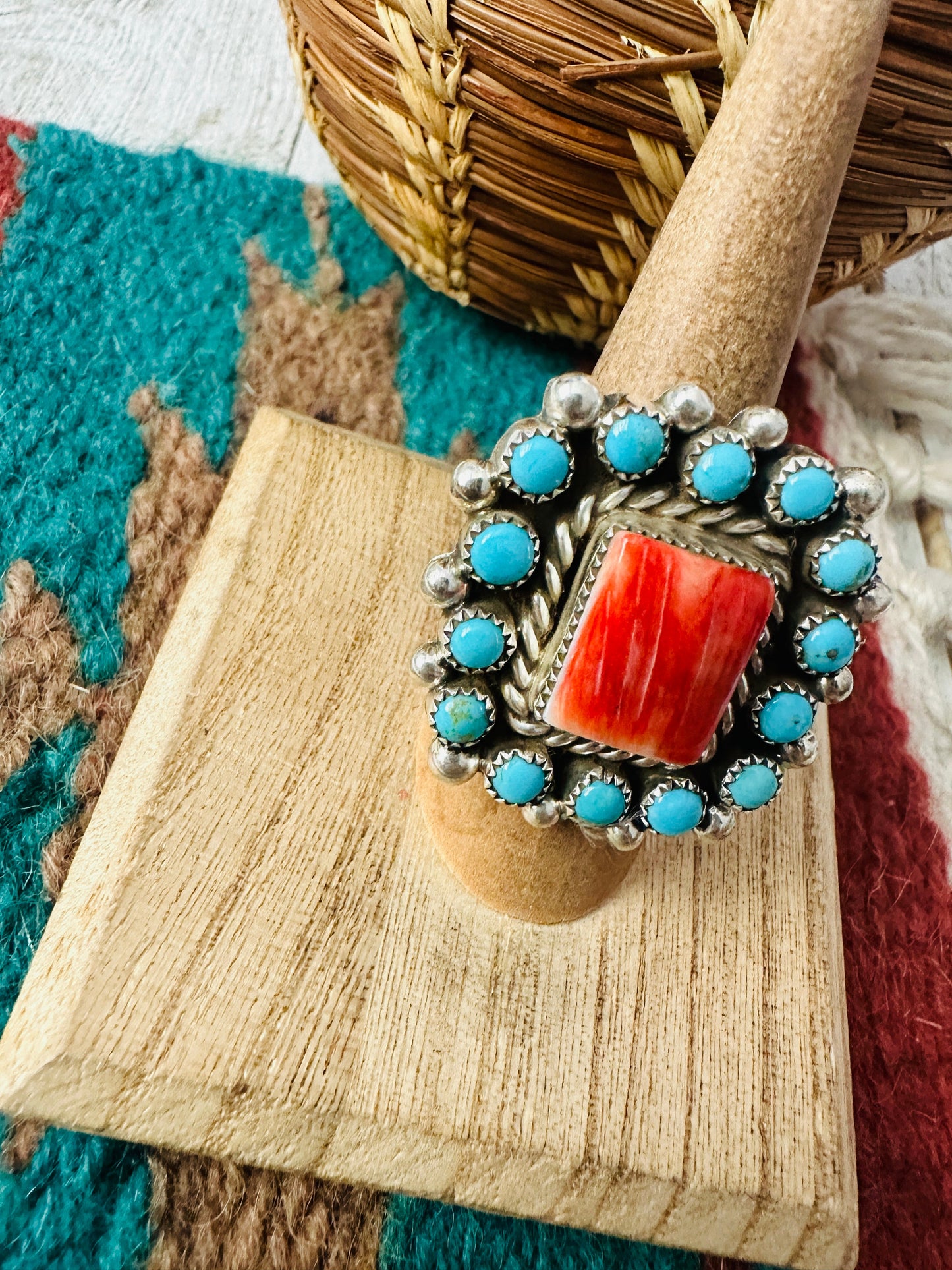 Navajo Sterling Silver, Spiny & Turquoise Cluster Adjustable Ring