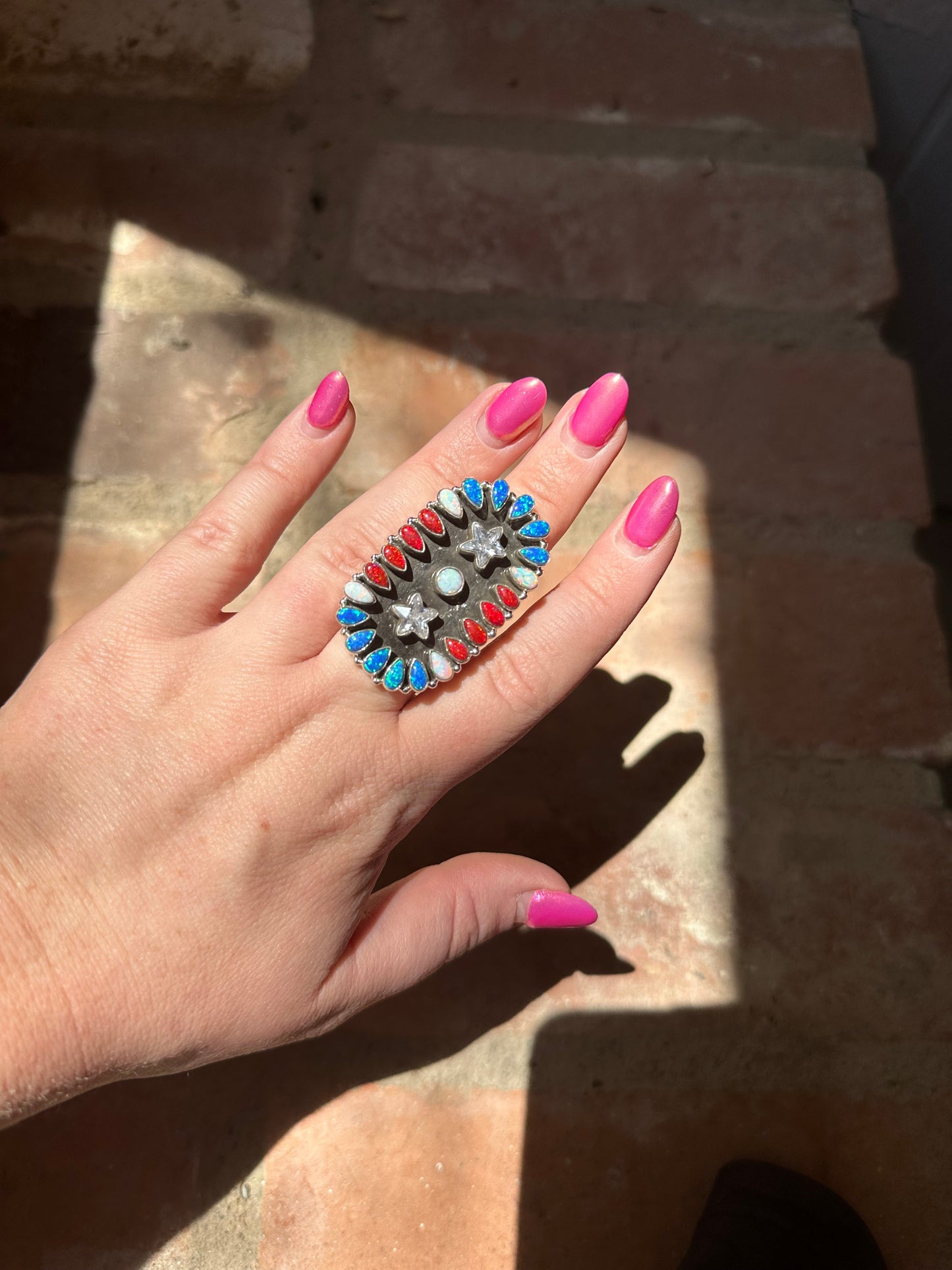 4TH OF JULY COLLECTION Handmade Red, White & Blue Fire Opal & Sterling Silver Adjustable Ring Signed Nizhoni