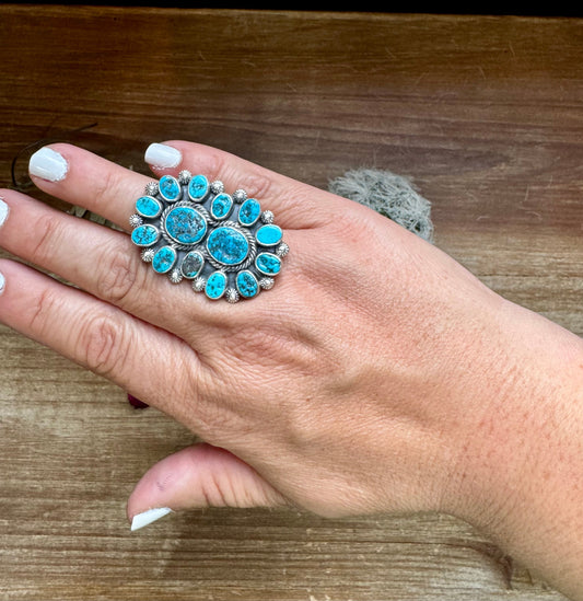 Long Ring- adjustable - Kingman turquoise ring and sterling silver