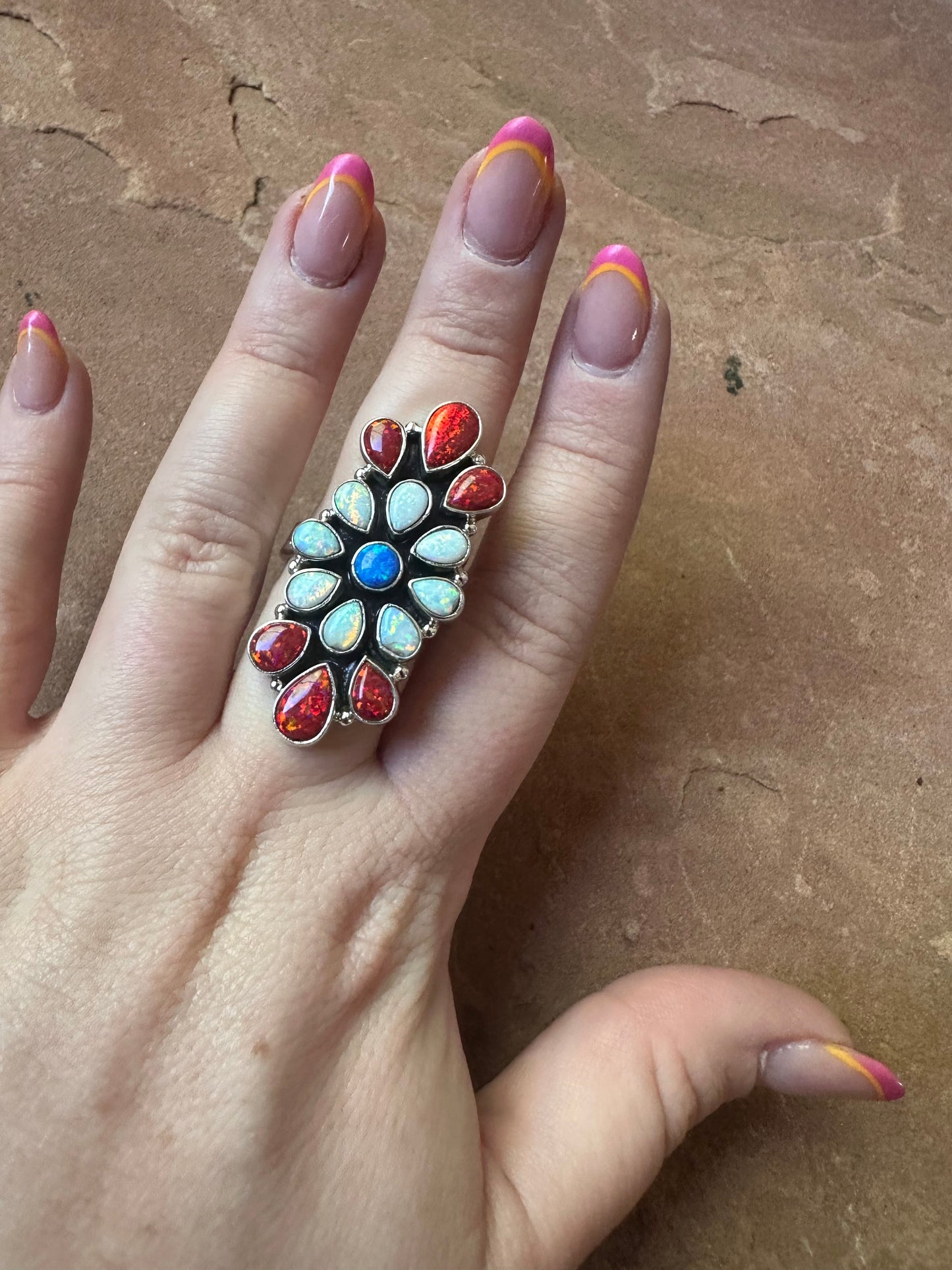 4TH OF JULY COLLECTION Handmade Red, White & Blue Fire Opal & Sterling Silver Adjustable Ring Signed Nizhoni