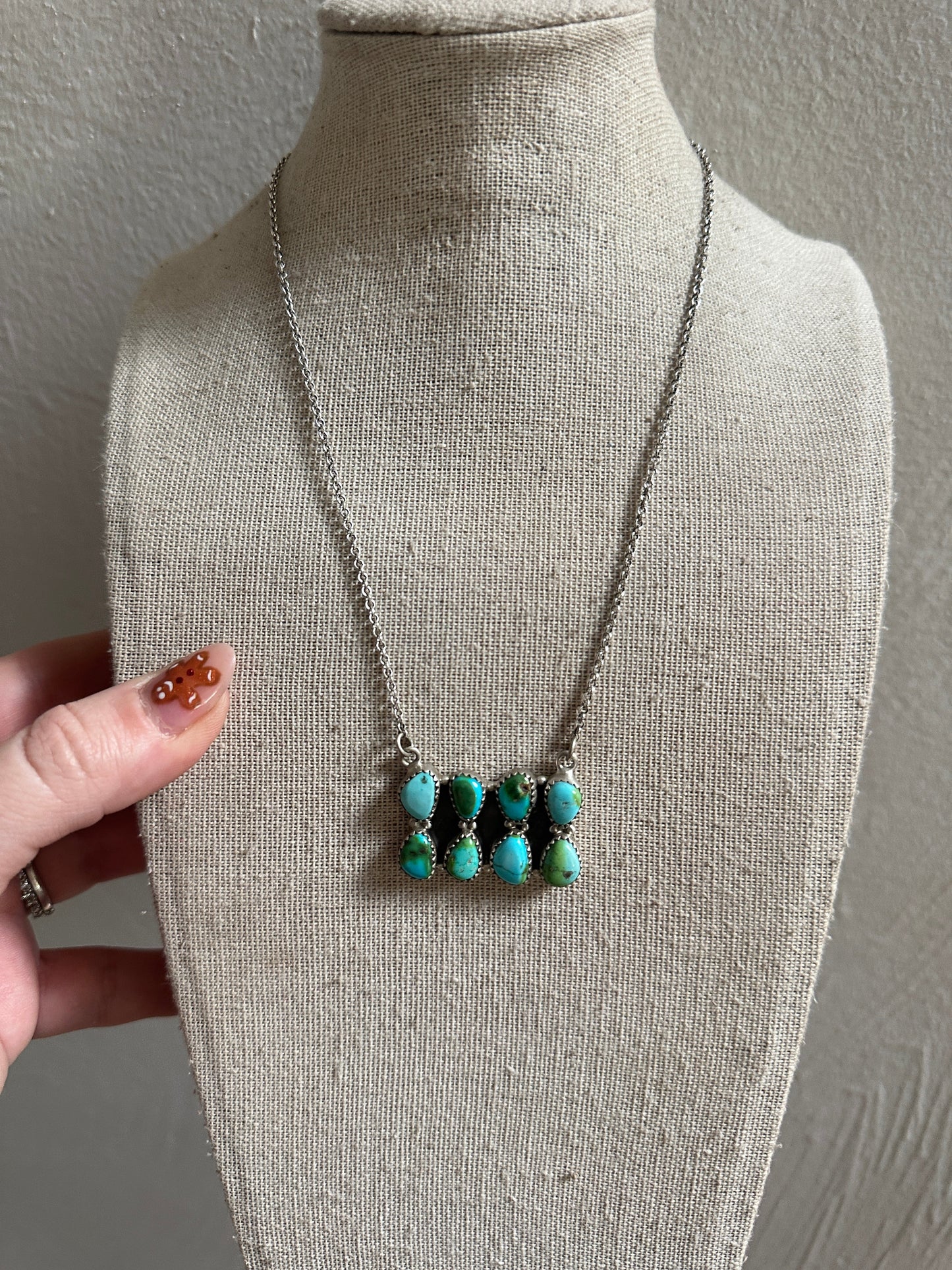 Beautiful Handmade Sterling Silver & Sonoran Mountain Turquoise 8 Stone Bar Necklace