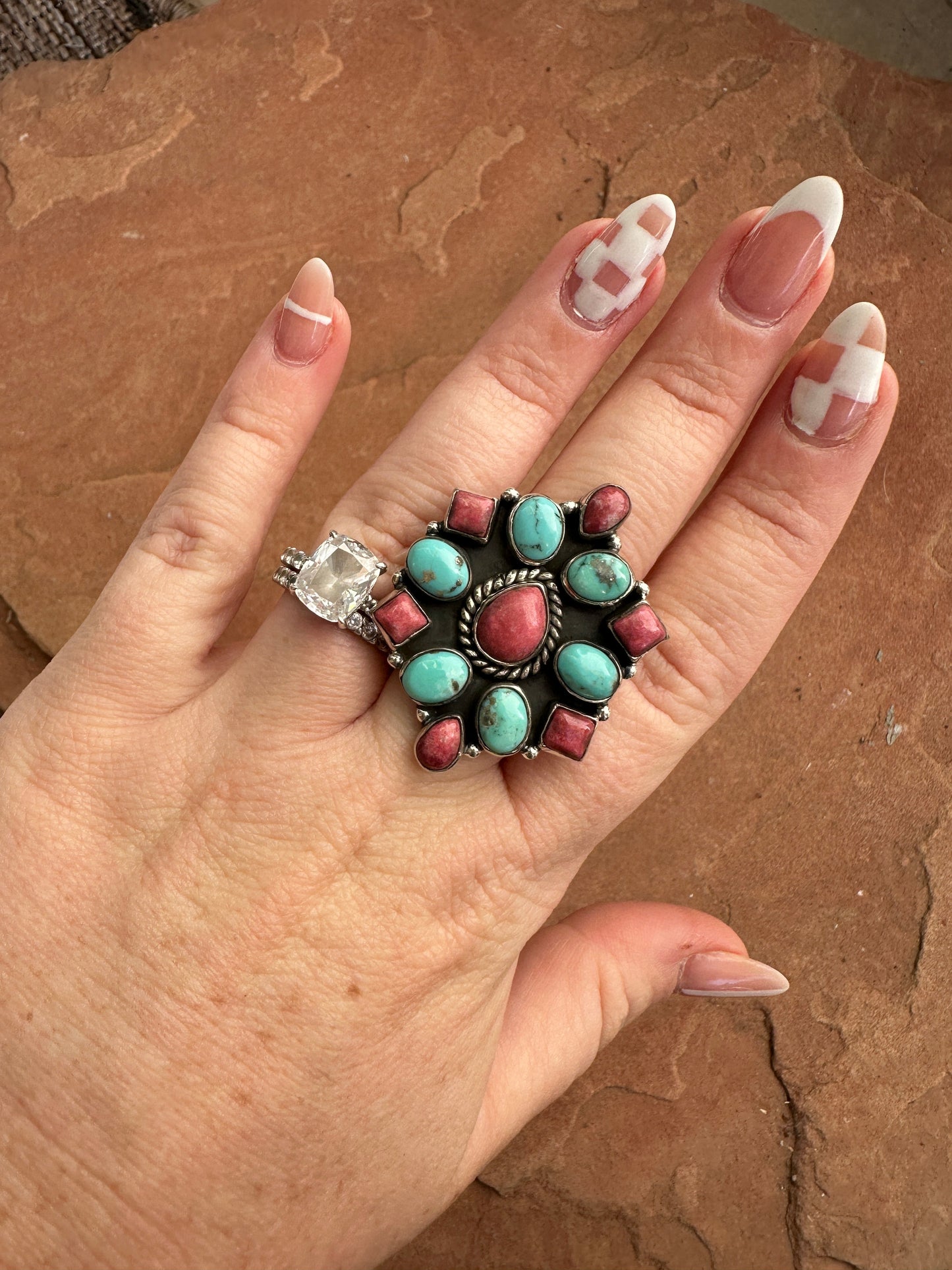 Beautiful Handmade Rhodonite, Turquoise And Sterling Silver Adjustable Ring