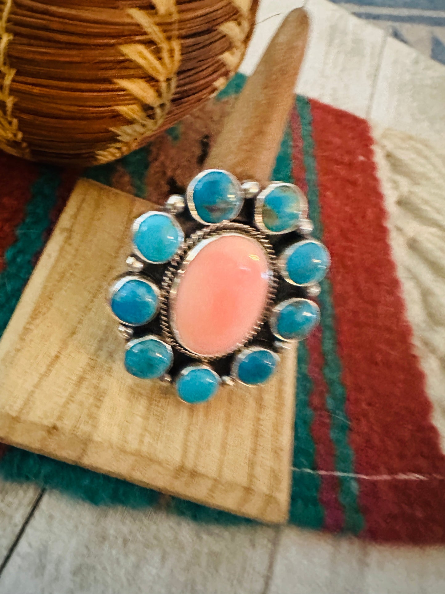 Navajo Sterling Silver, Queen Pink Conch & Turquoise Cluster Adjustable Ring