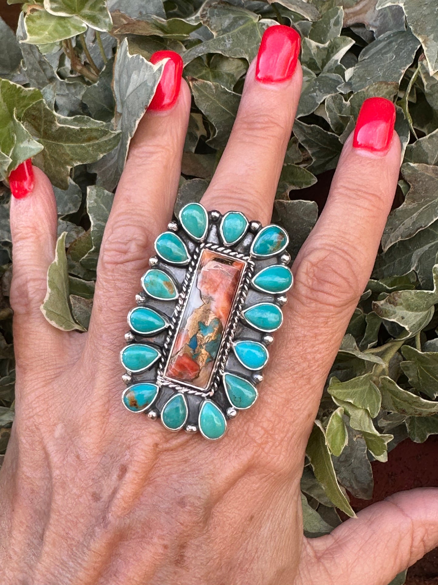 Navajo Made Spice, Kingman Turquoise And Sterling Silver Adjustable Statement  Ring