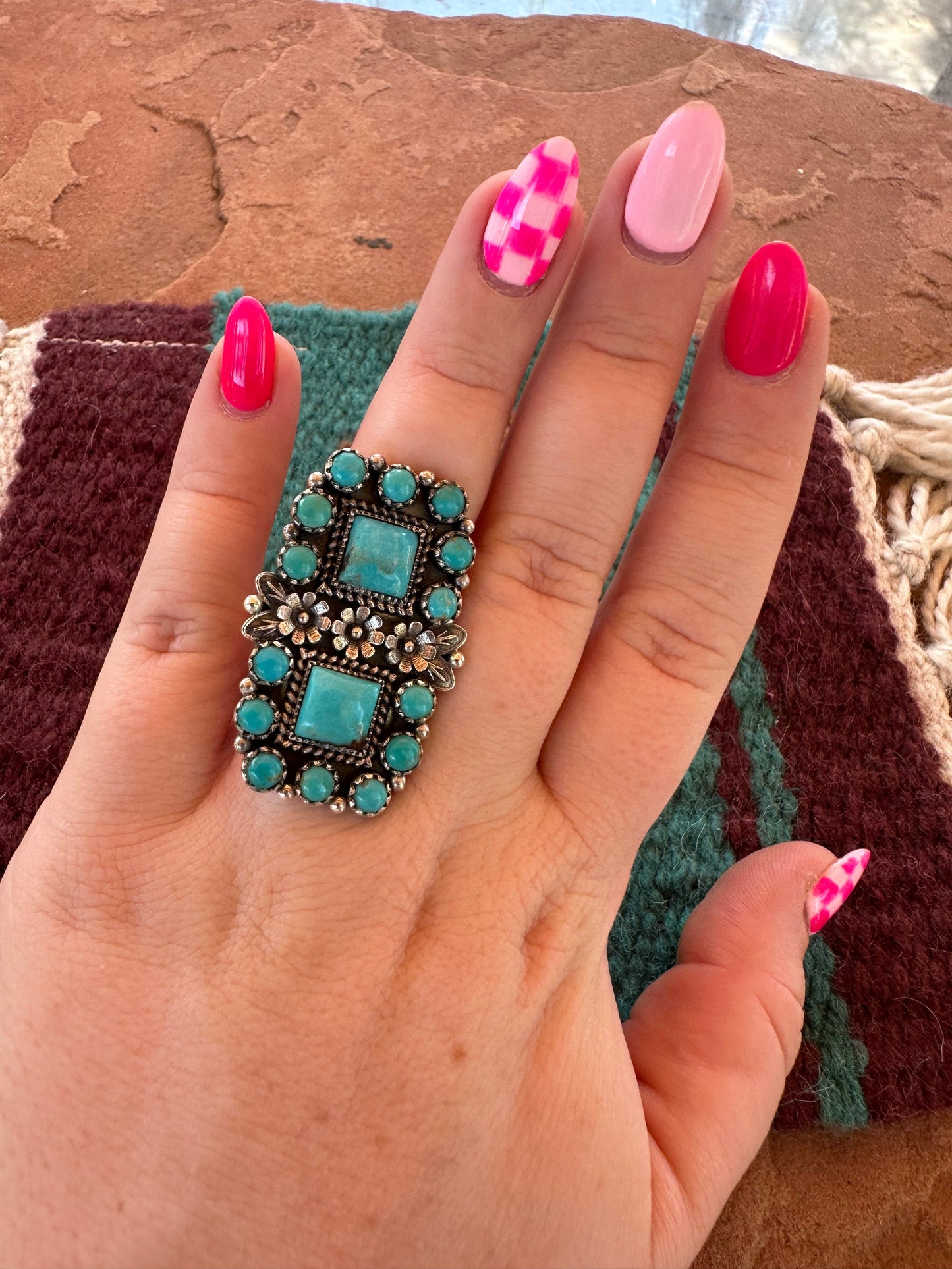 Handmade Sterling Silver & Turquoise Cluster Adjustable Floral Ring by Nizhoni