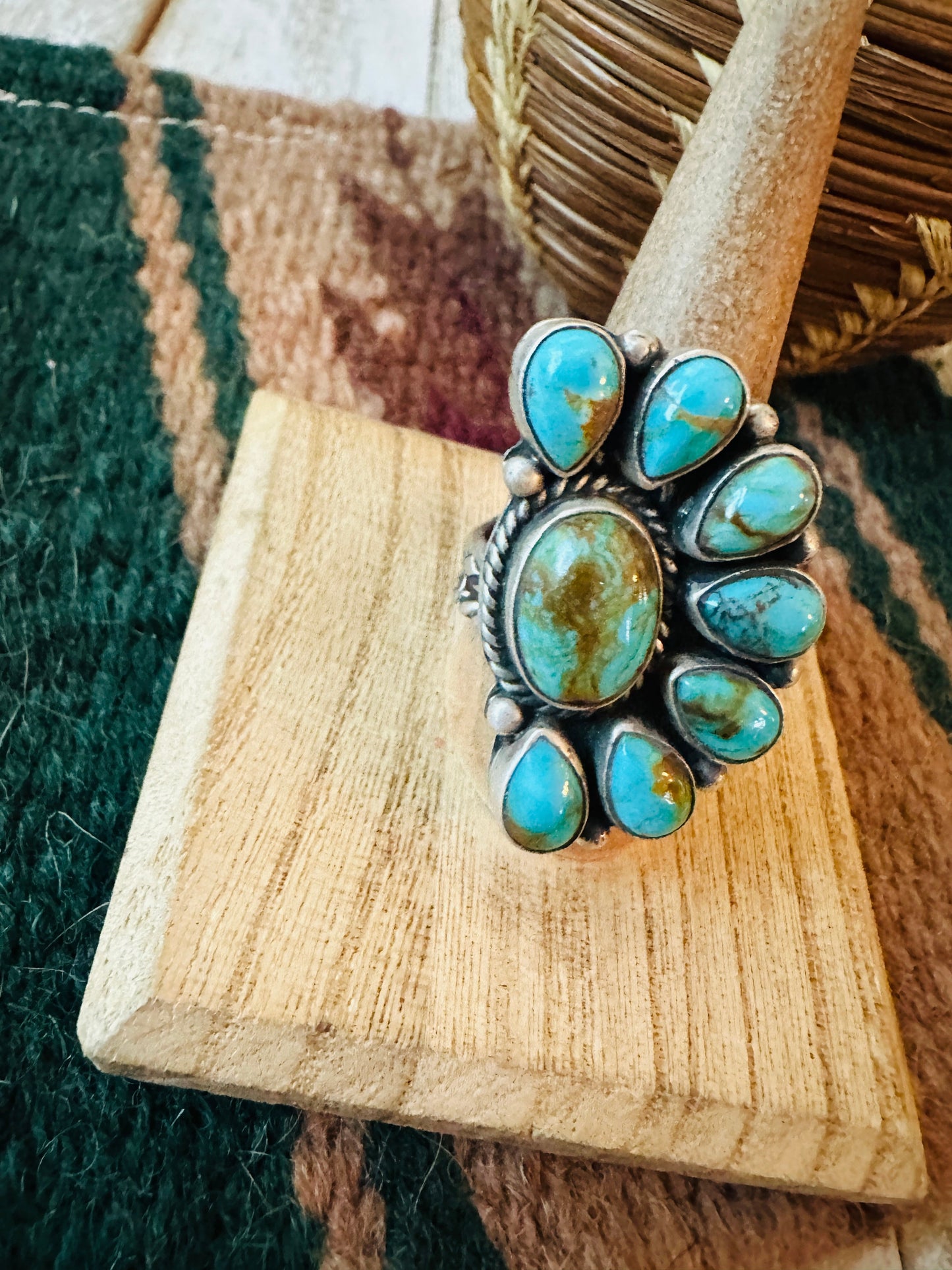 Navajo Turquoise & Sterling Silver Cluster Adjustable Ring