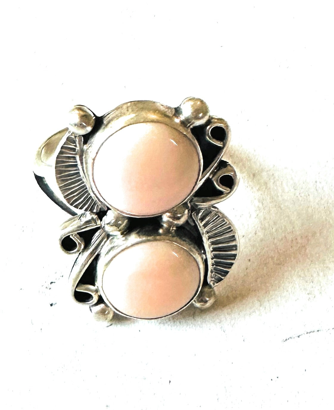 Navajo Sterling Silver & Queen Pink Conch 2-Stone Adjustable Ring