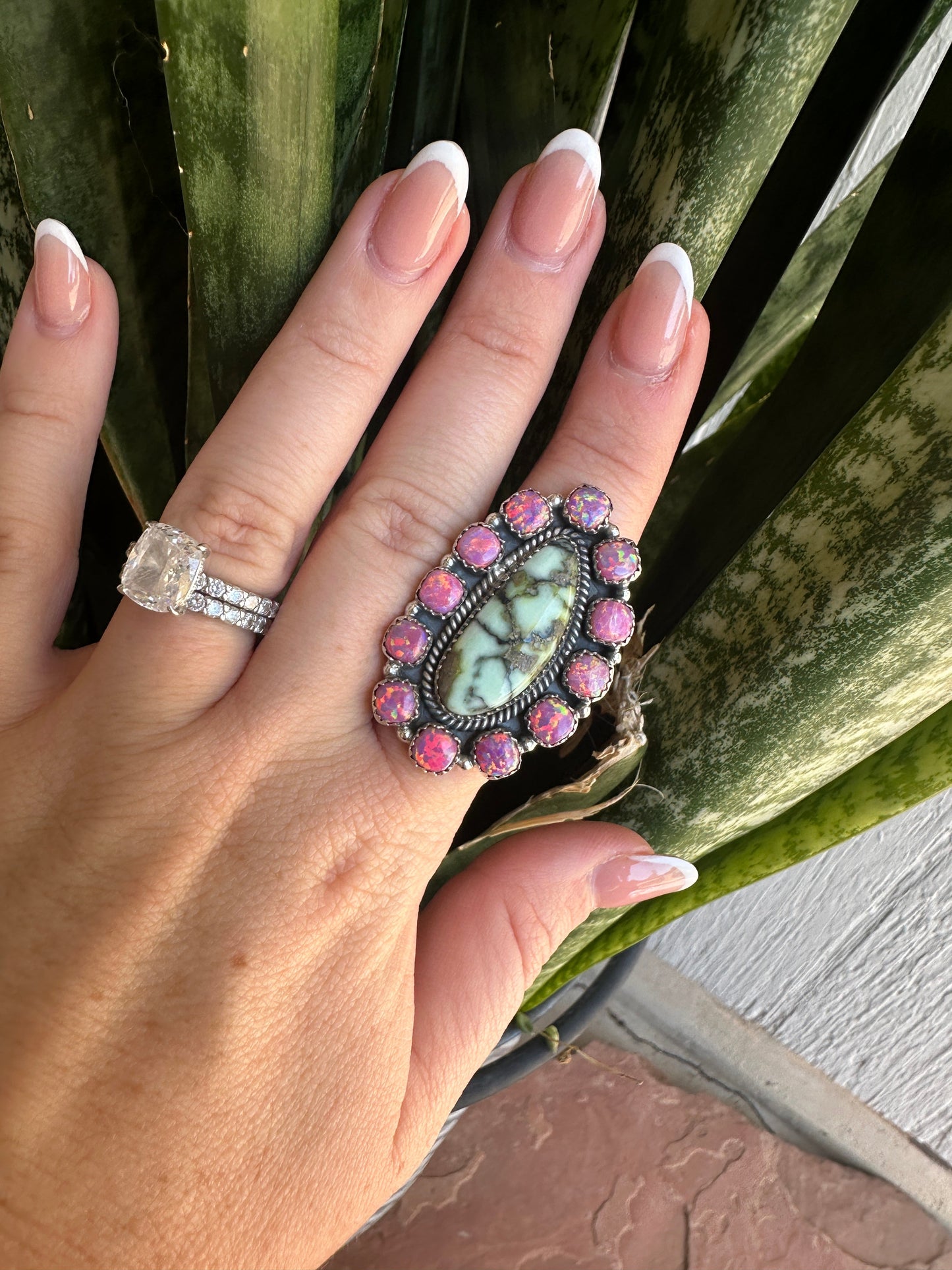 Beautiful Handmade Palomino Turquoise, Pink Fire Opal And Sterling Silver Adjustable Ring