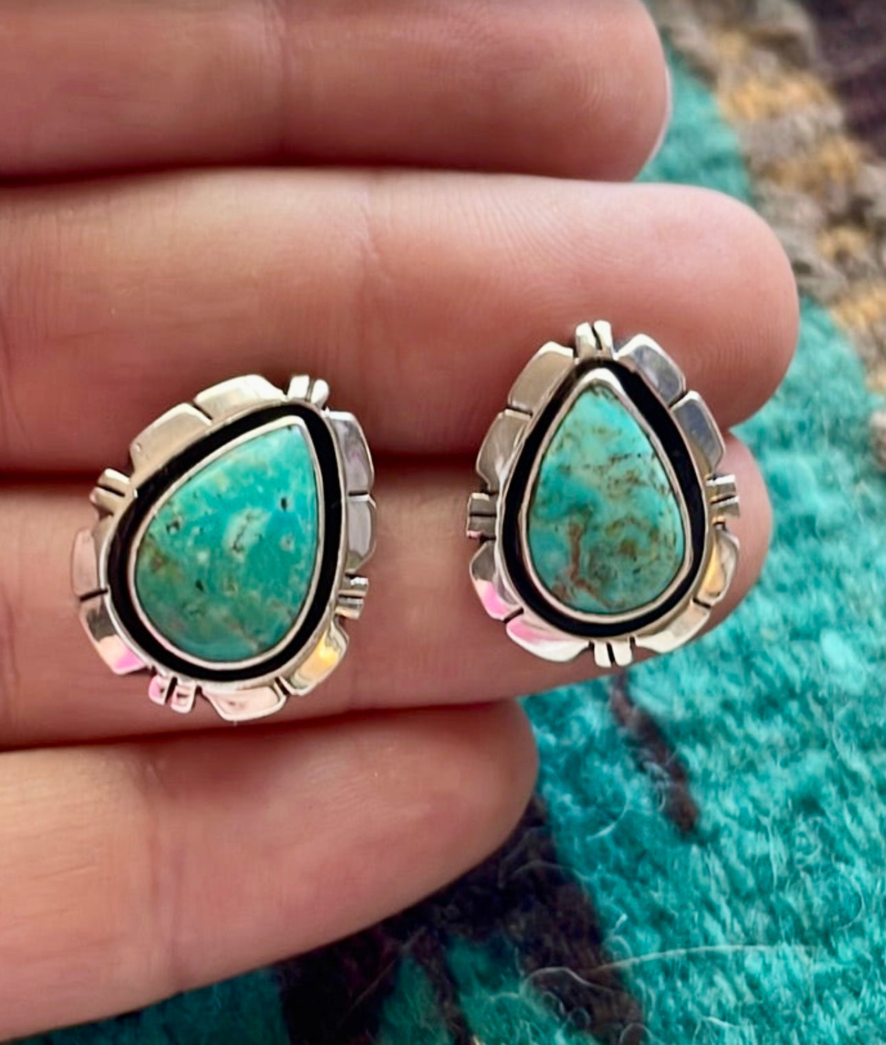 Beautiful Navajo Turquoise And Sterling Silver Teardrop Post Earrings