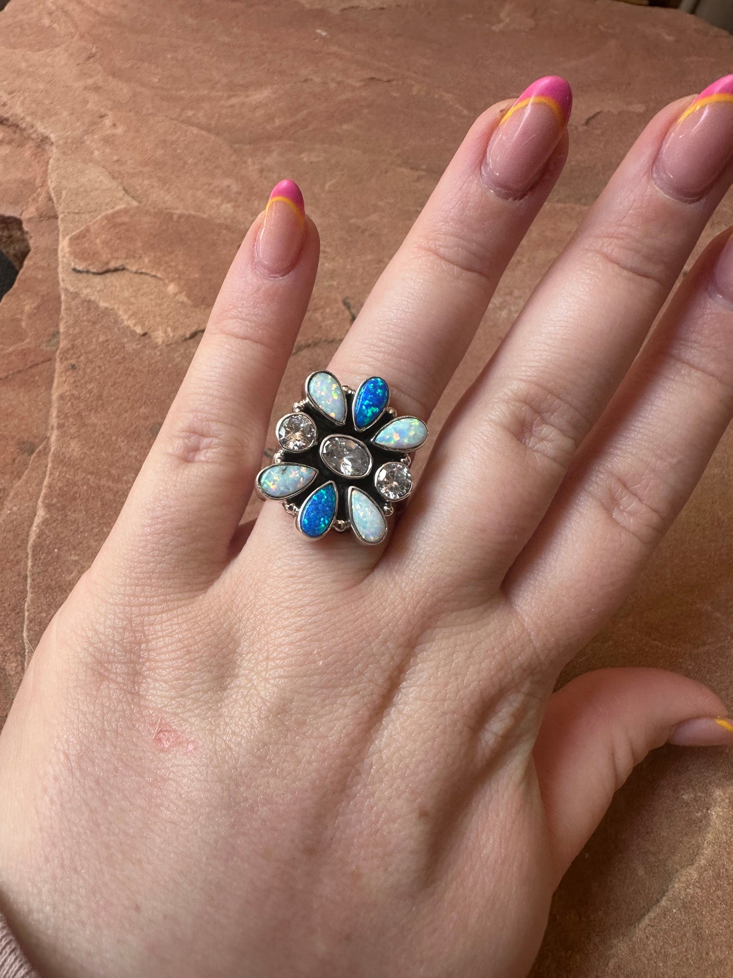 4TH OF JULY COLLECTION Handmade White & Blue Fire Opal & Sterling Silver Adjustable Ring Signed Nizhoni