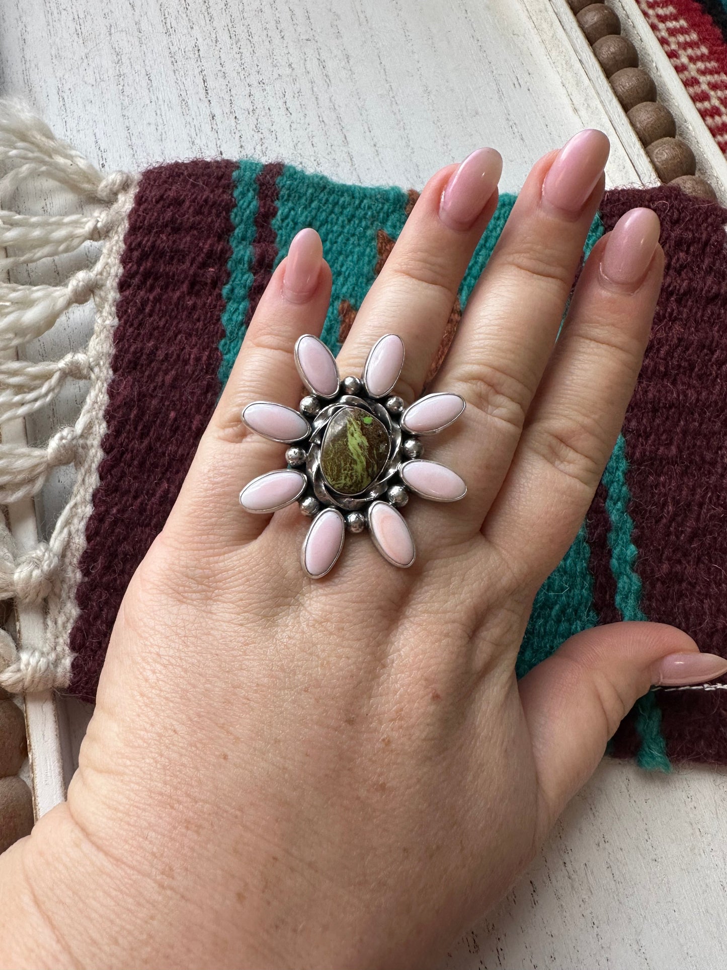 “Pink Blossom” Gorgeous Navajo Turquoise, Pink Conch And Sterling Silver Adjustable Flower Ring Signed