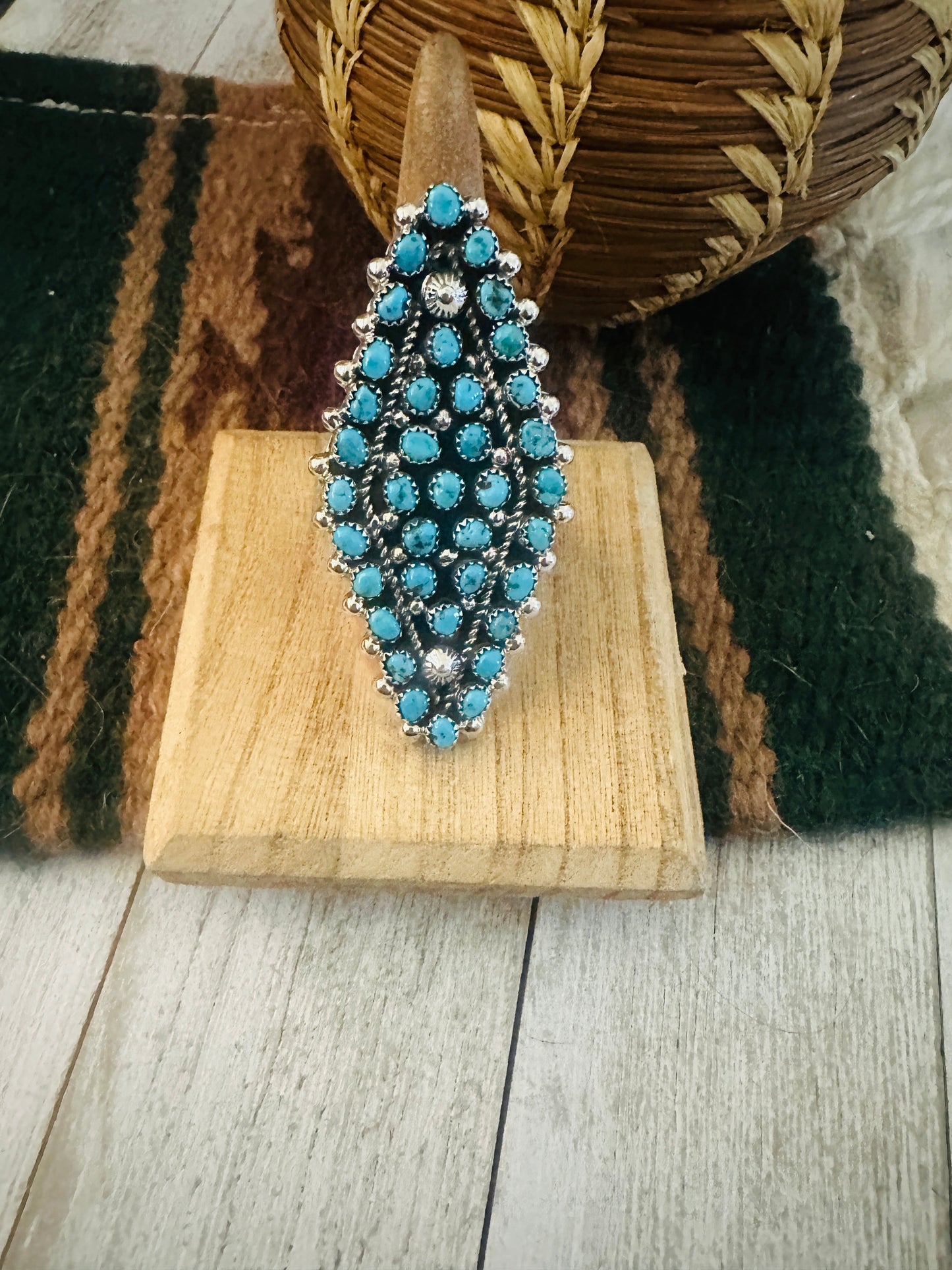 Navajo Sterling Silver & Turquoise Cluster Adjustable Ring