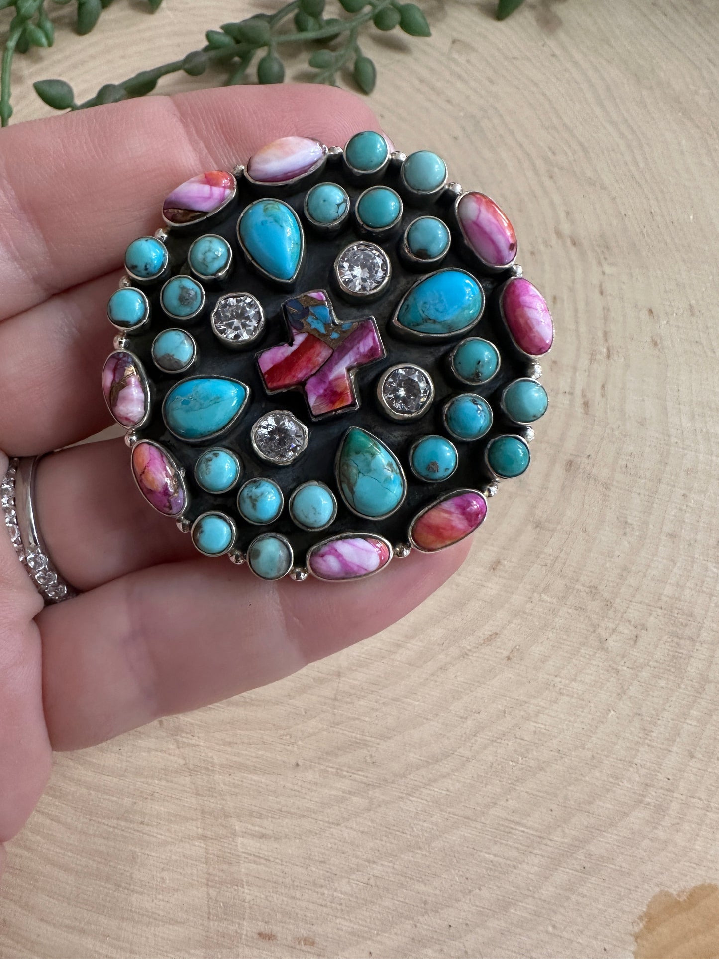 Beautiful Handmade Turquoise, CZ, Pink Dream Mojave And Sterling Silver Adjustable Cross Statement Ring