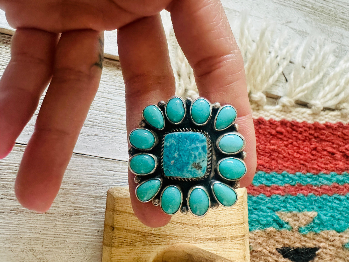 Navajo Turquoise & Sterling Silver Cluster Ring Size 7.5