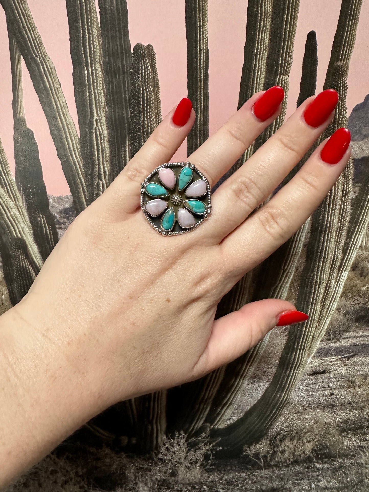 Beautiful Handmade Pink Conch, Turquoise And Sterling Silver Adjustable Circle Ring