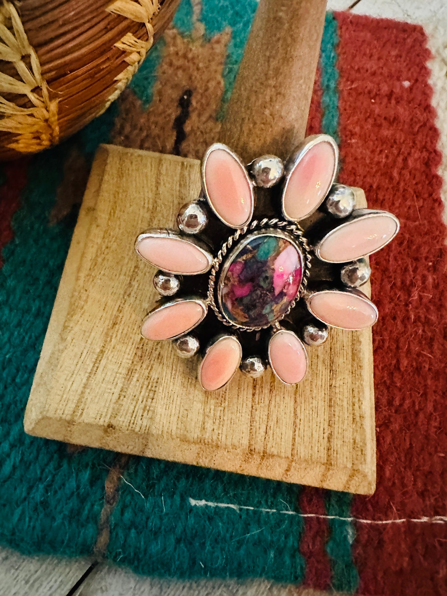 Navajo Sterling Silver, Queen Pink Conch & Pink Dream Cluster Adjustable Ring