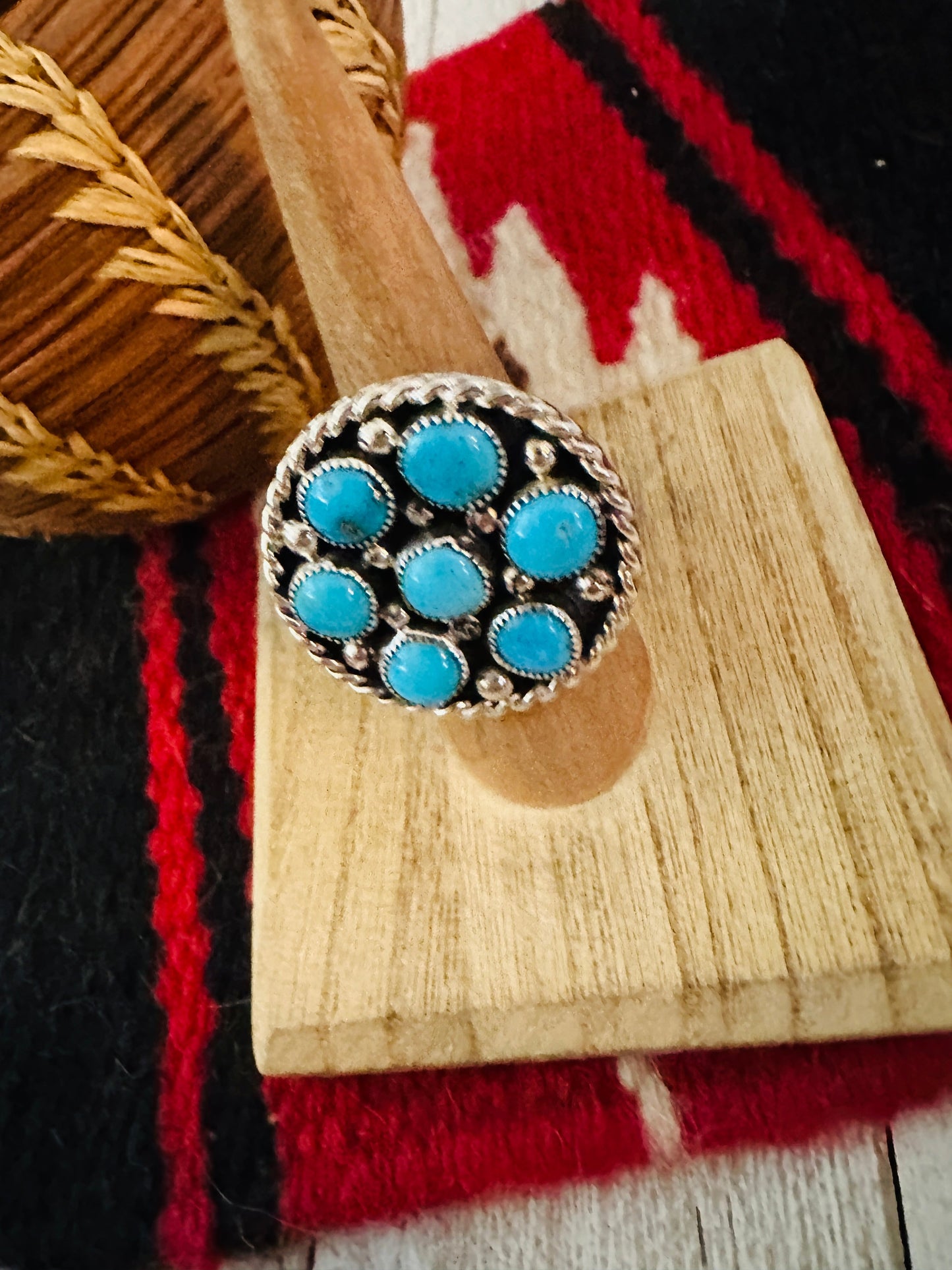 Navajo Sterling Silver & Kingman Turquoise Cluster Adjustable Ring