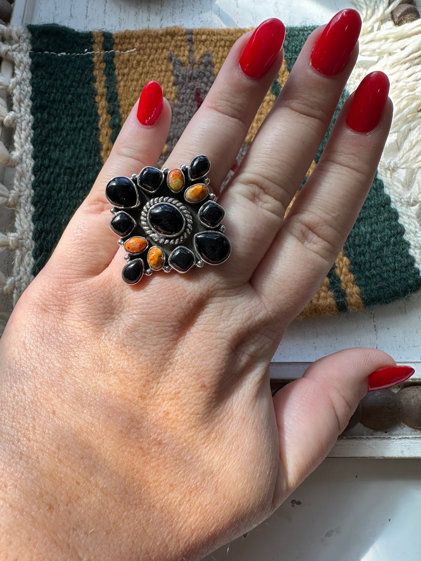 Beautiful Handmade Black Onyx, Bumble Bee & Sterling Silver Adjustable Ring Signed Nizhoni