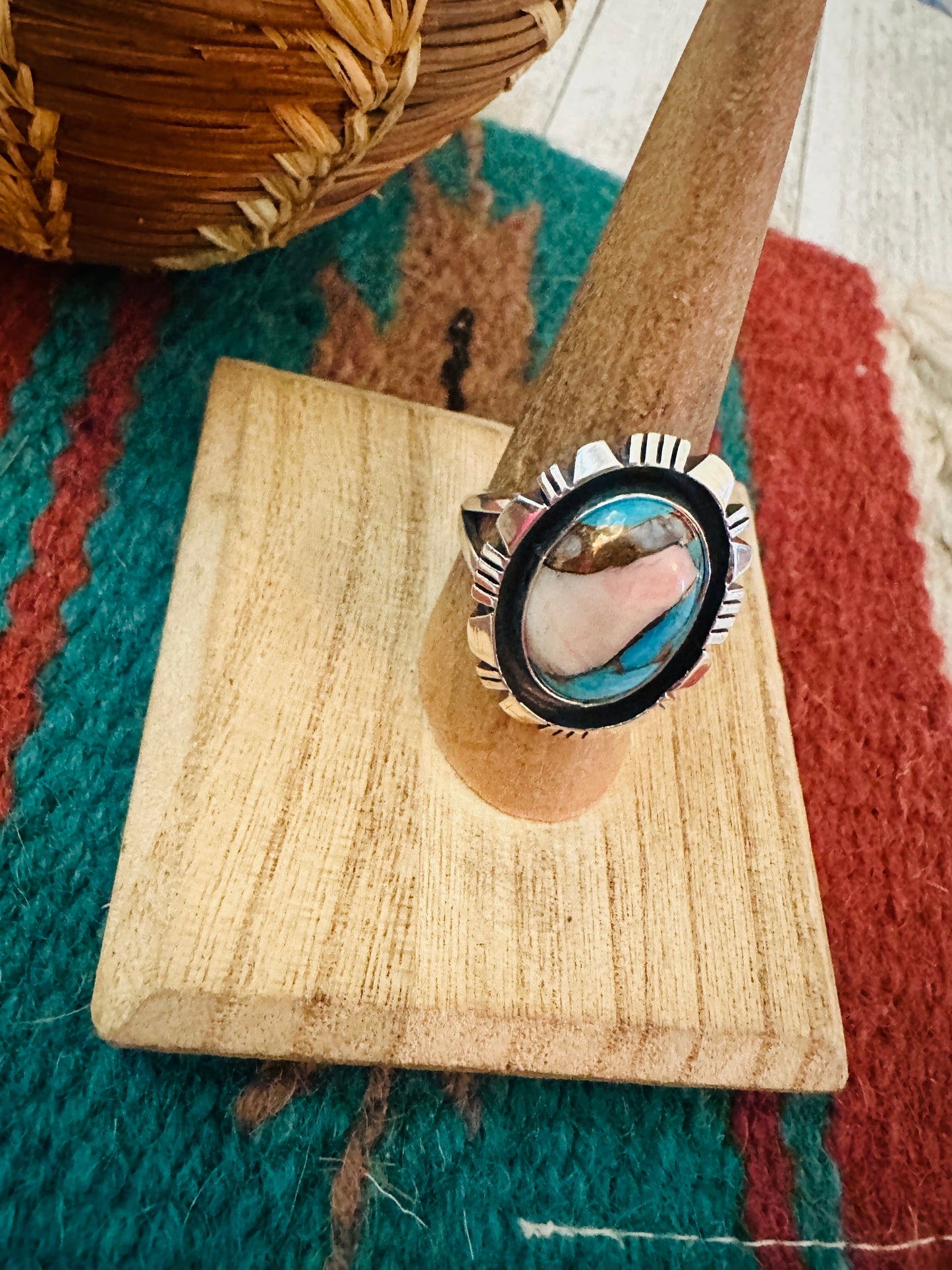 Navajo Sterling Silver & Pink Dream Mojave Adjustable Ring