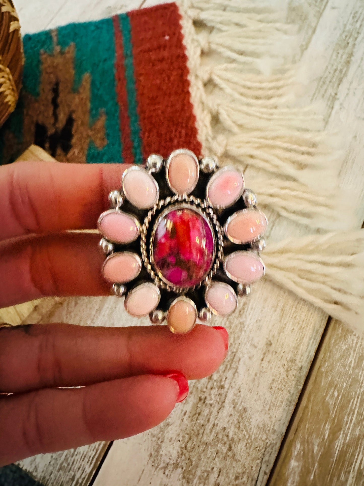 Navajo Sterling Silver, Queen Pink Conch & Pink Dream Cluster Adjustable Ring