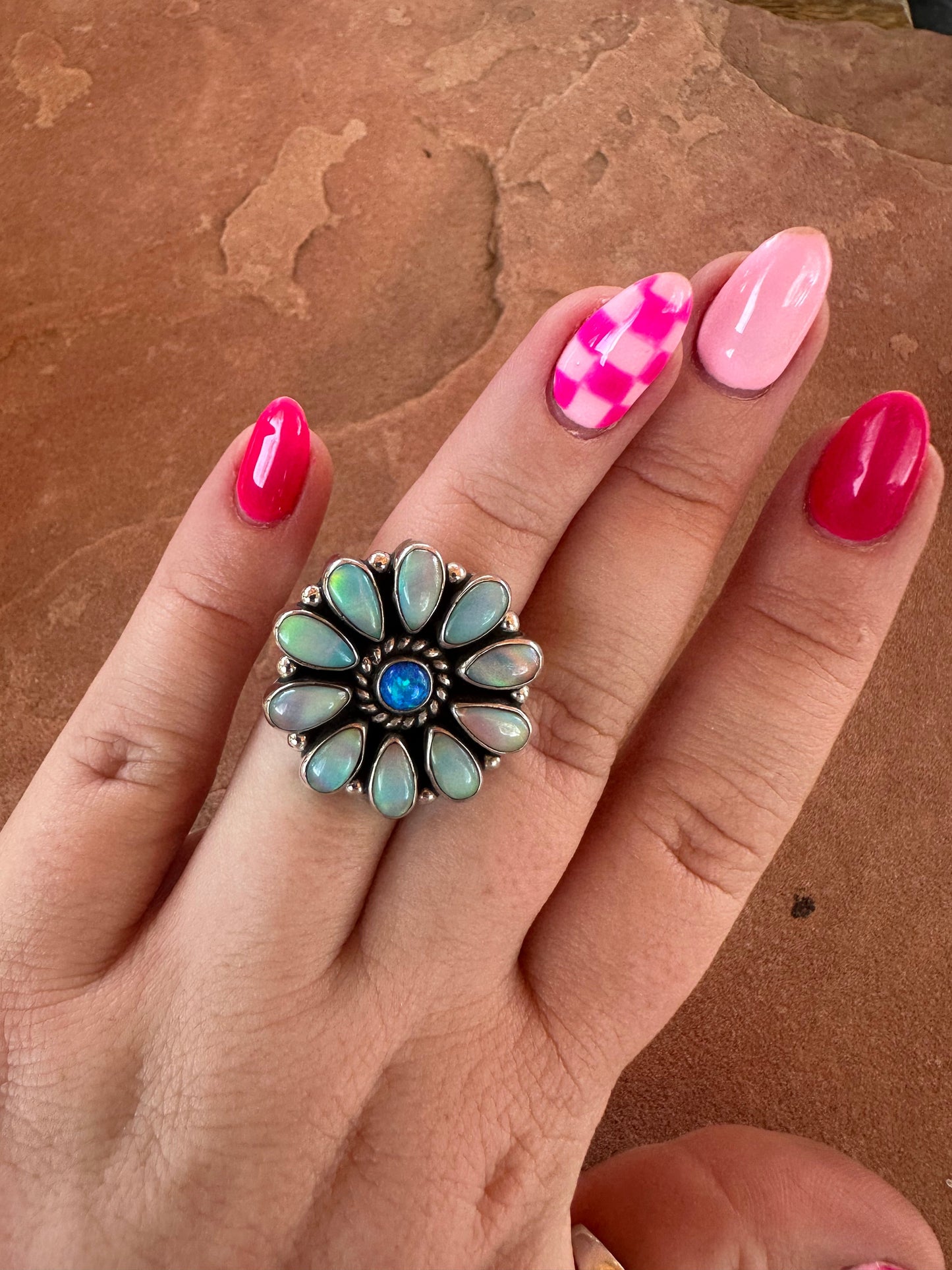 Beautiful Handmade Pink Opal, Blue Fire Opal And Sterling Silver Adjustable Flower Ring