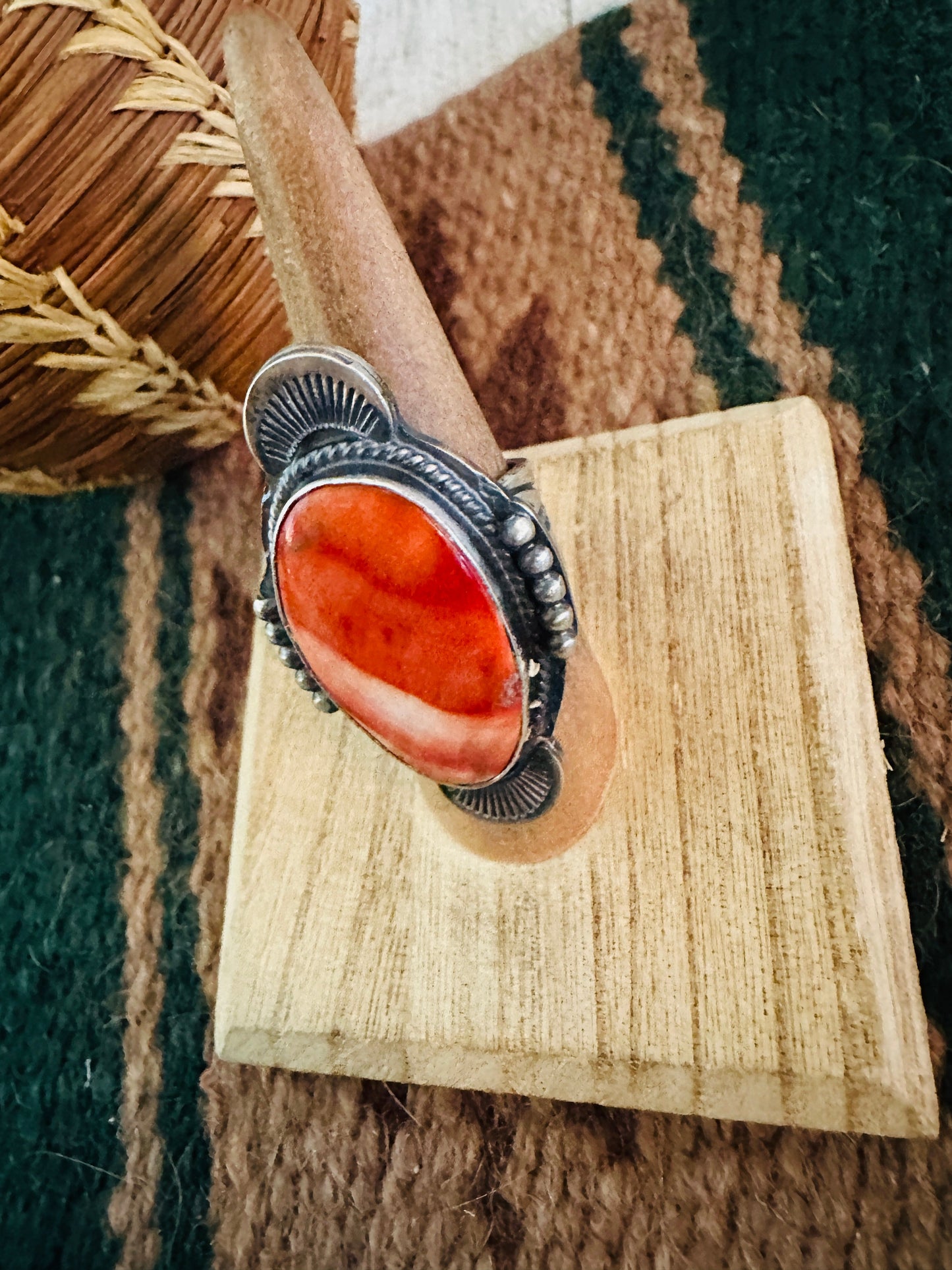 Navajo Orange Spiny & Sterling Silver Ring Size 7