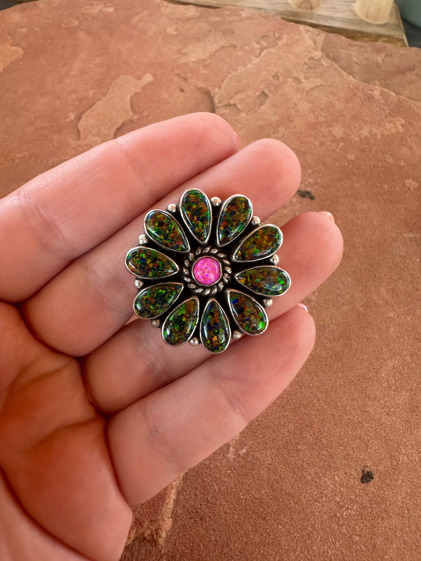 Beautiful Handmade Hot Pink & Navy Blue Fire Opal And Sterling Silver Adjustable Flower Ring