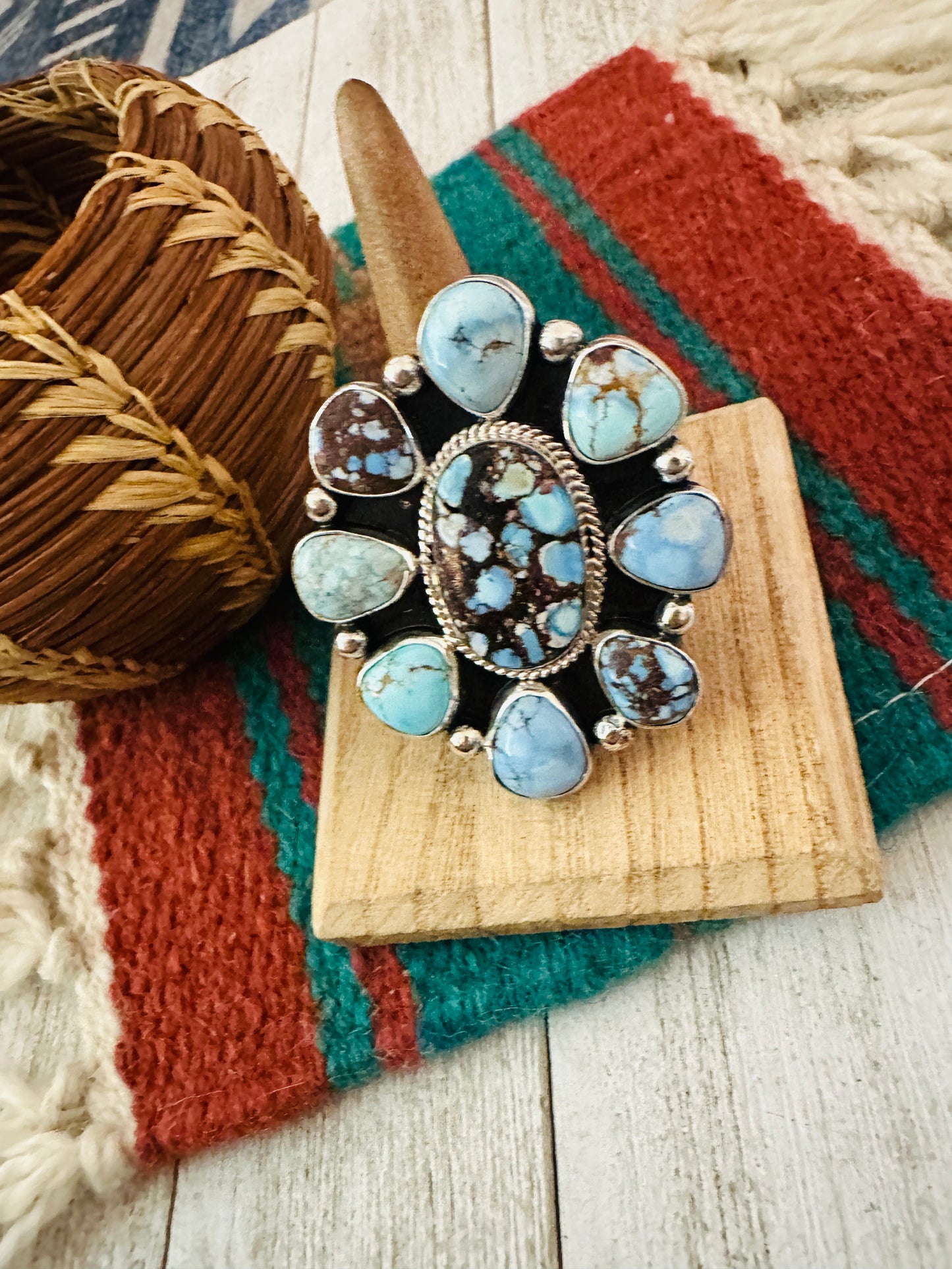 Navajo Sterling Silver & Golden Hills Turquoise Cluster Adjustable Ring