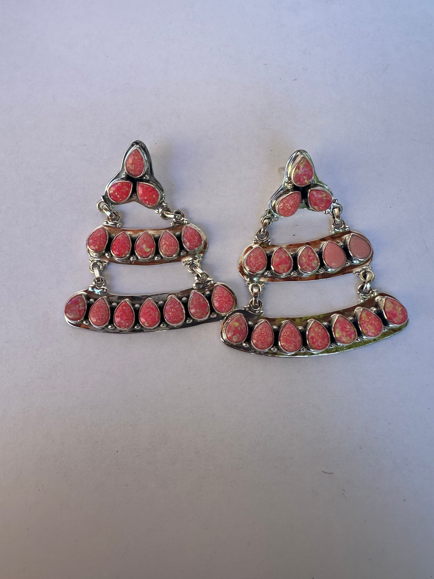 “Rodeo Roundup” Handmade Hot Pink Fire Opal And Sterling Silver Dangle Earrings Signed Nizhoni