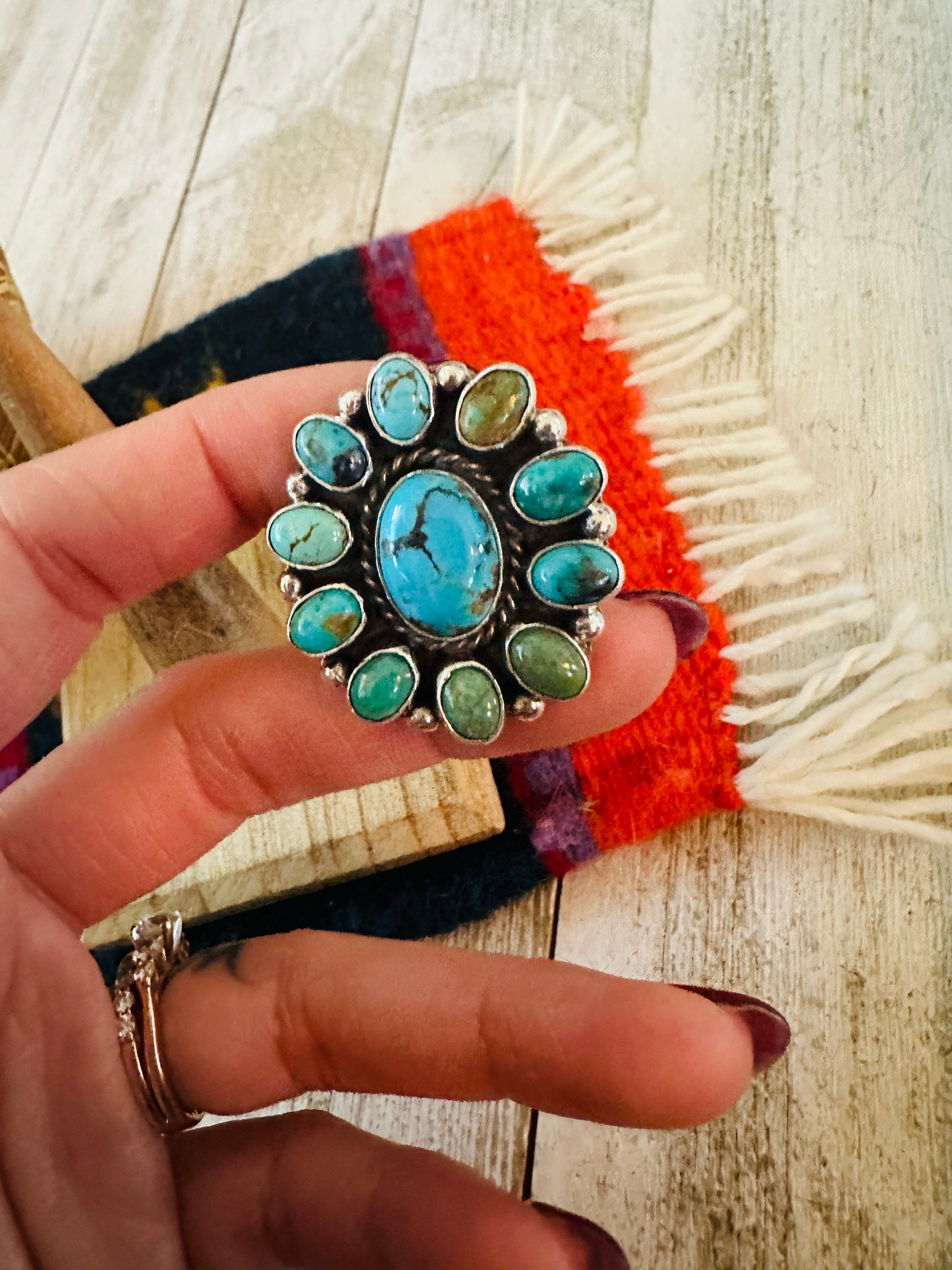 Navajo Sterling Silver & Turquoise Cluster Adjustable Ring