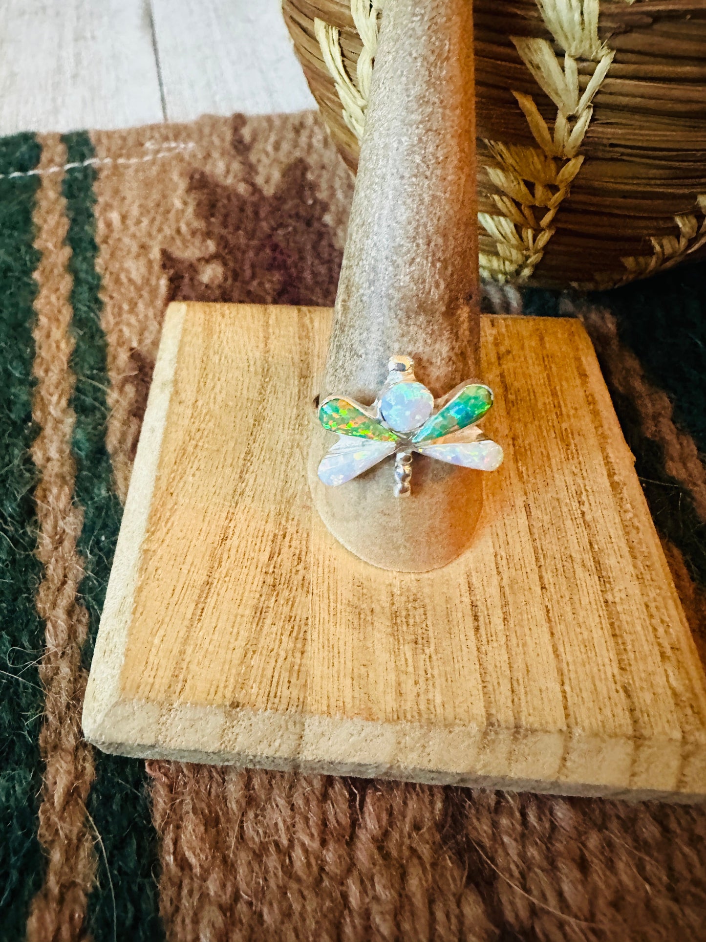 Navajo Sterling Silver, Green & White Opal Dragonfly Ring