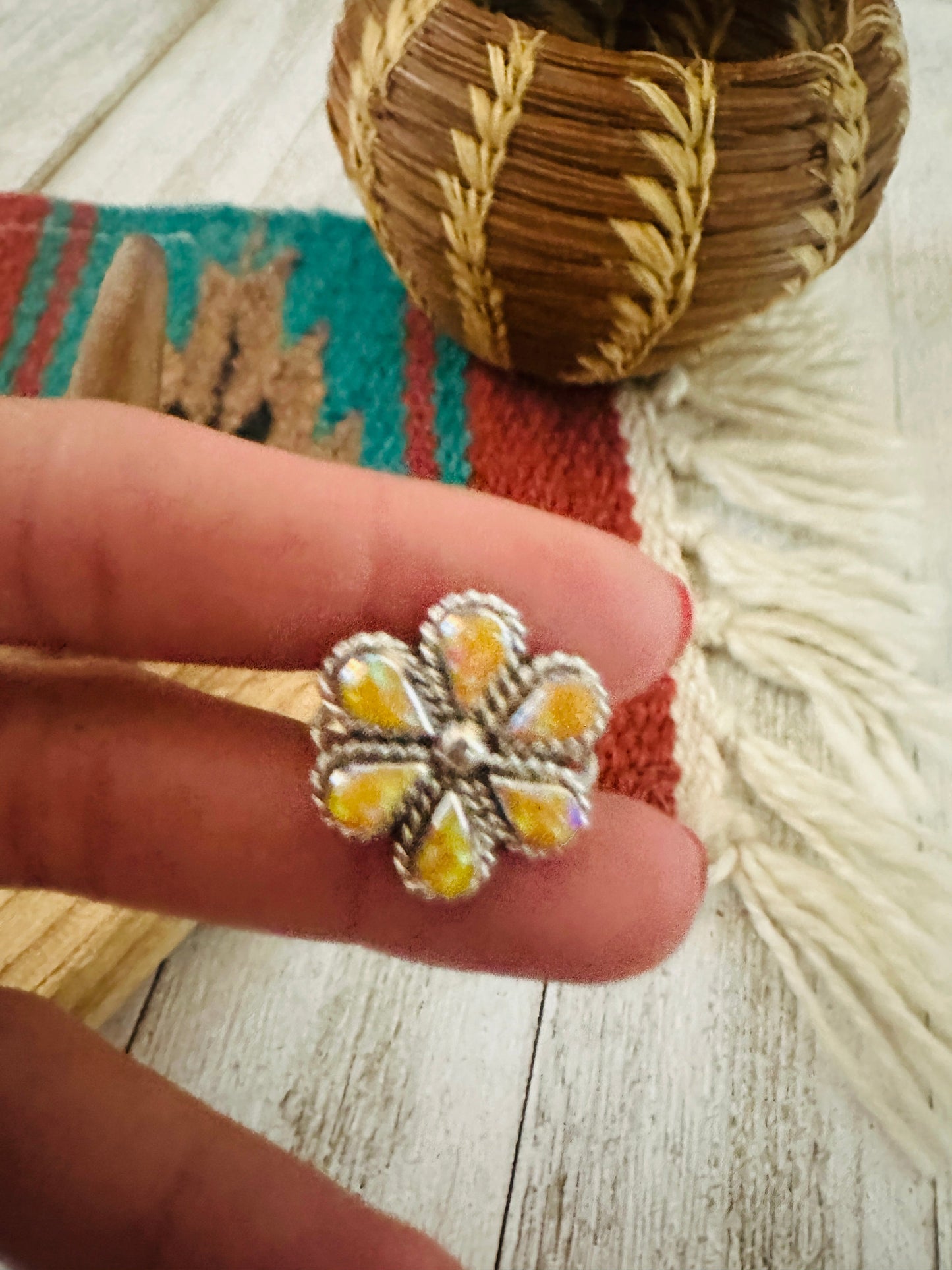 Zuni Sterling Silver & Yellow Opal Flower Ring Size 9