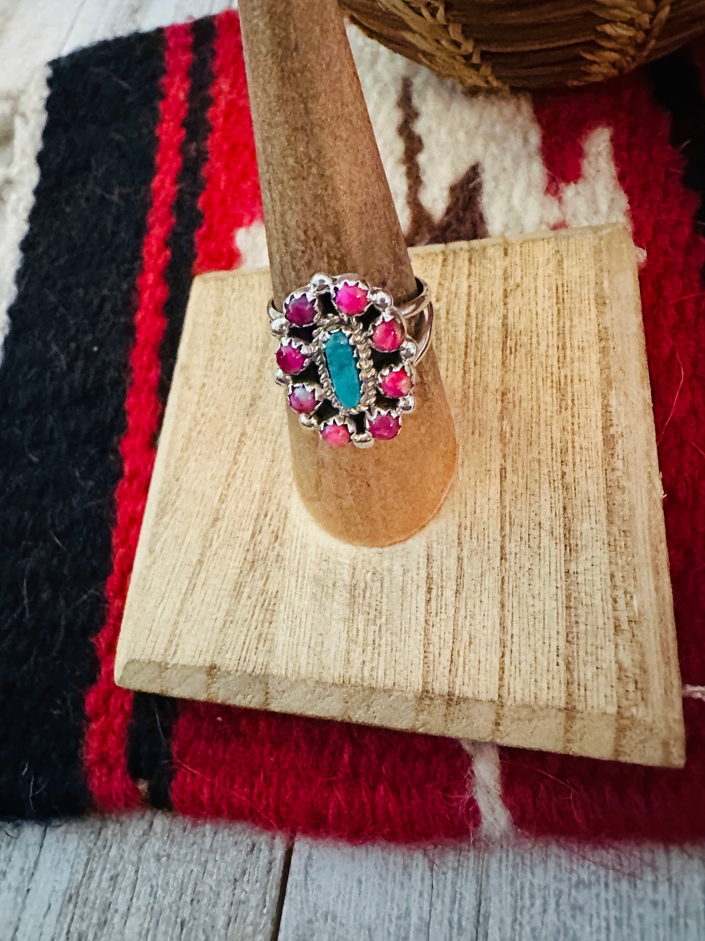 Navajo Sterling Silver, Pink Dream Mojave & Turquoise Cluster Adjustable Ring