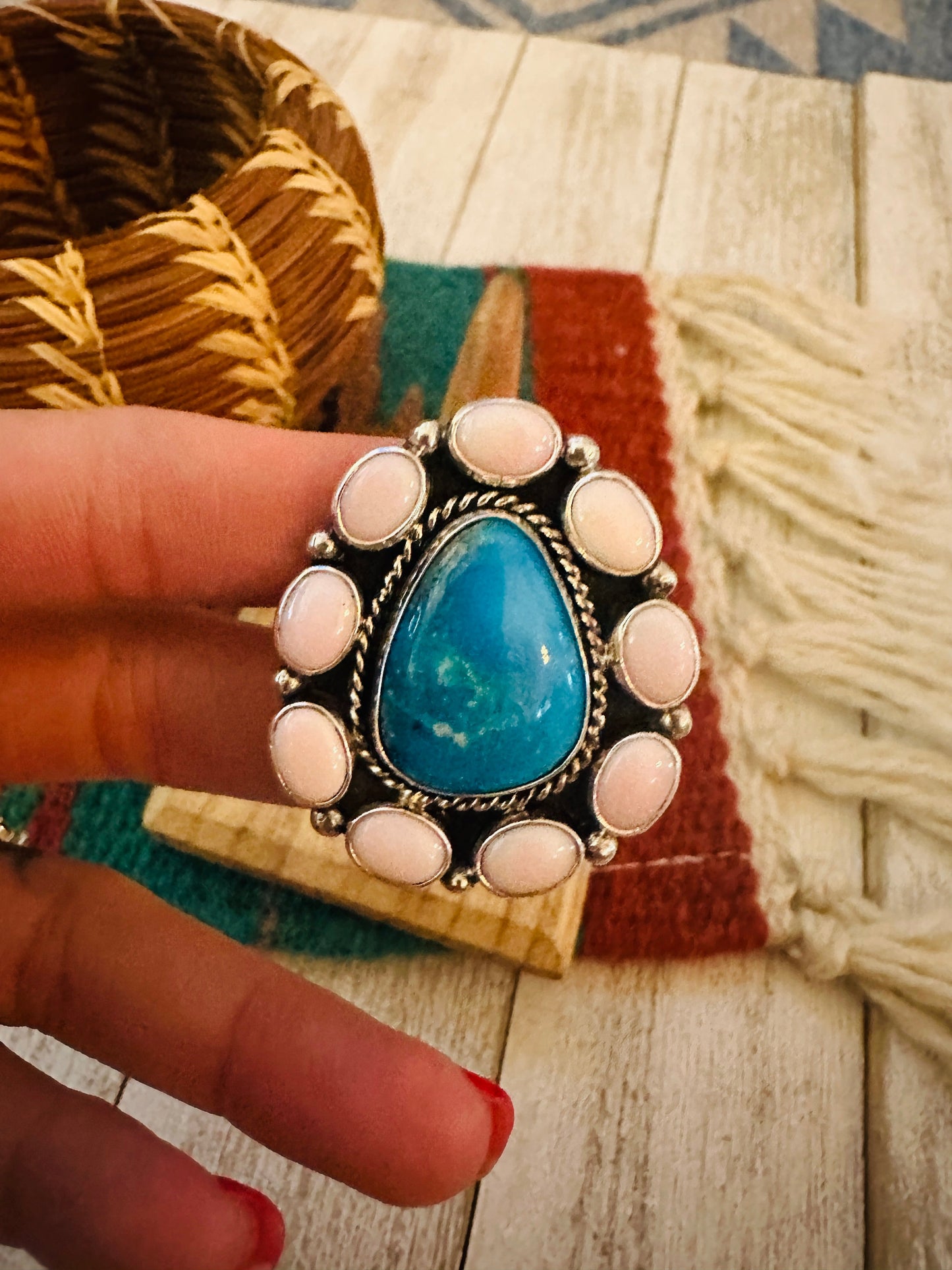 Navajo Sterling Silver, Queen Pink Conch & Turquoise Cluster Adjustable Ring