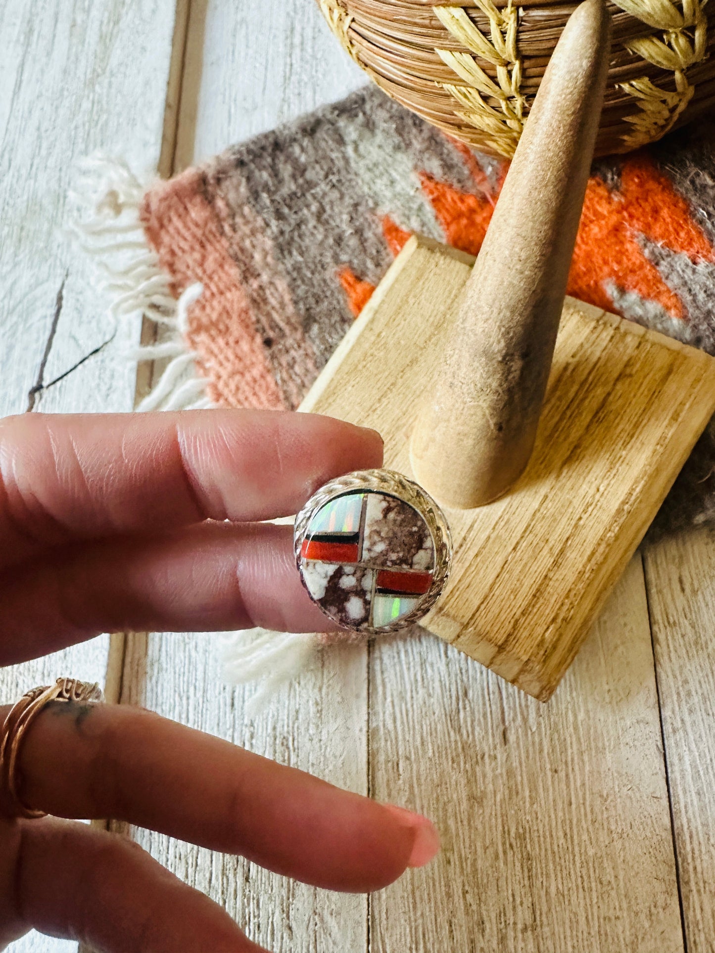 Navajo Sterling Silver & Multi Stone Inlay Ring Size 6