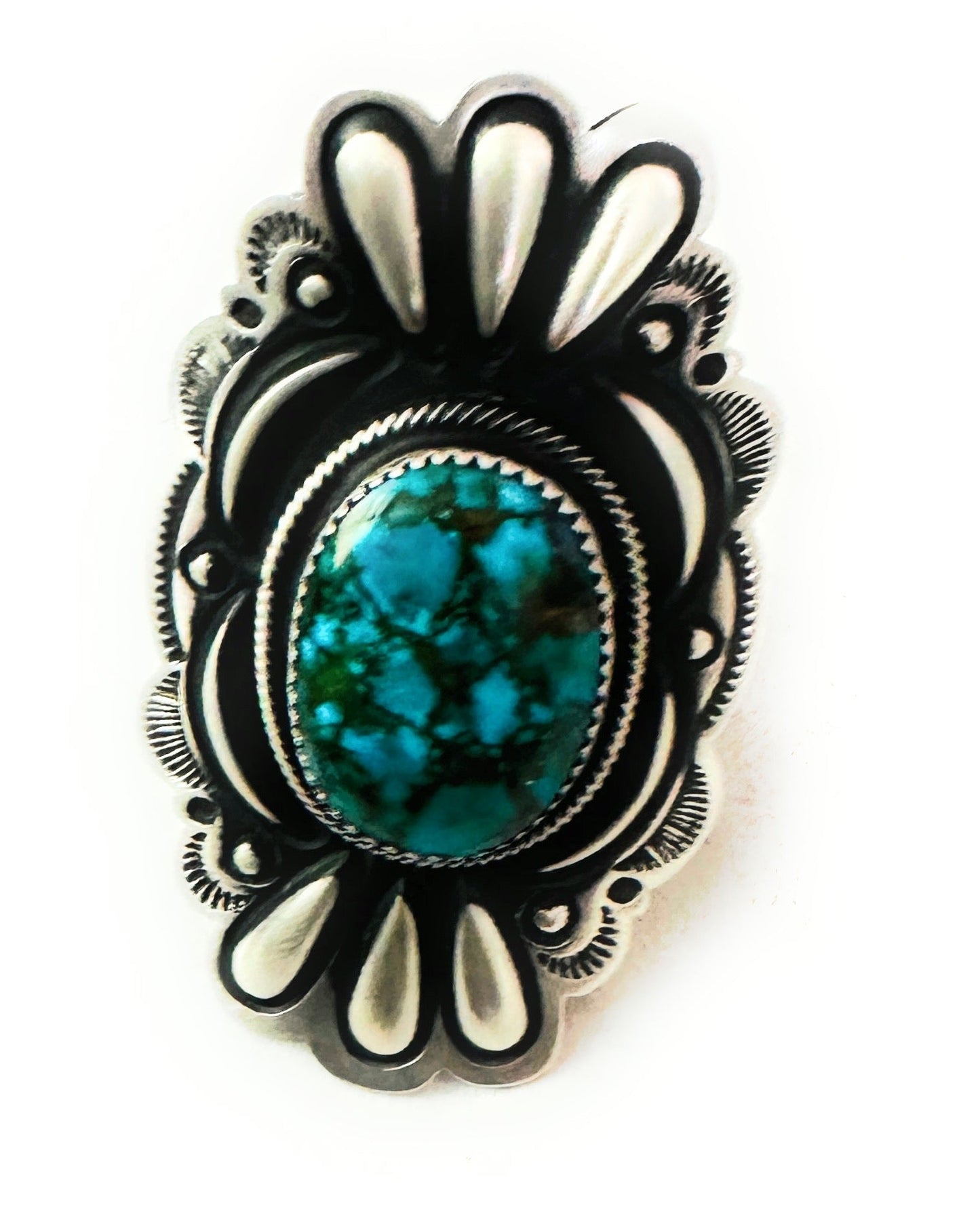 Navajo Turquoise & Sterling Silver Adjustable Concho Ring by Leander Tahe