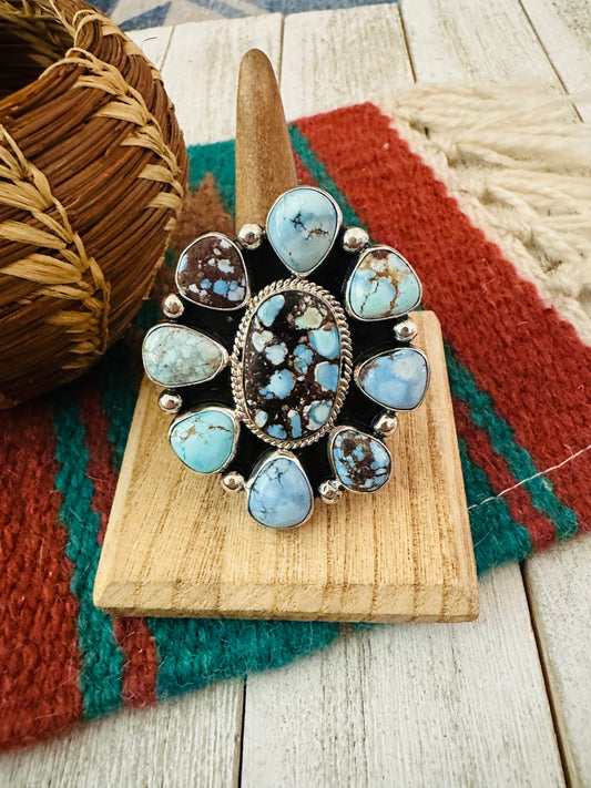 Navajo Sterling Silver & Golden Hills Turquoise Cluster Adjustable Ring