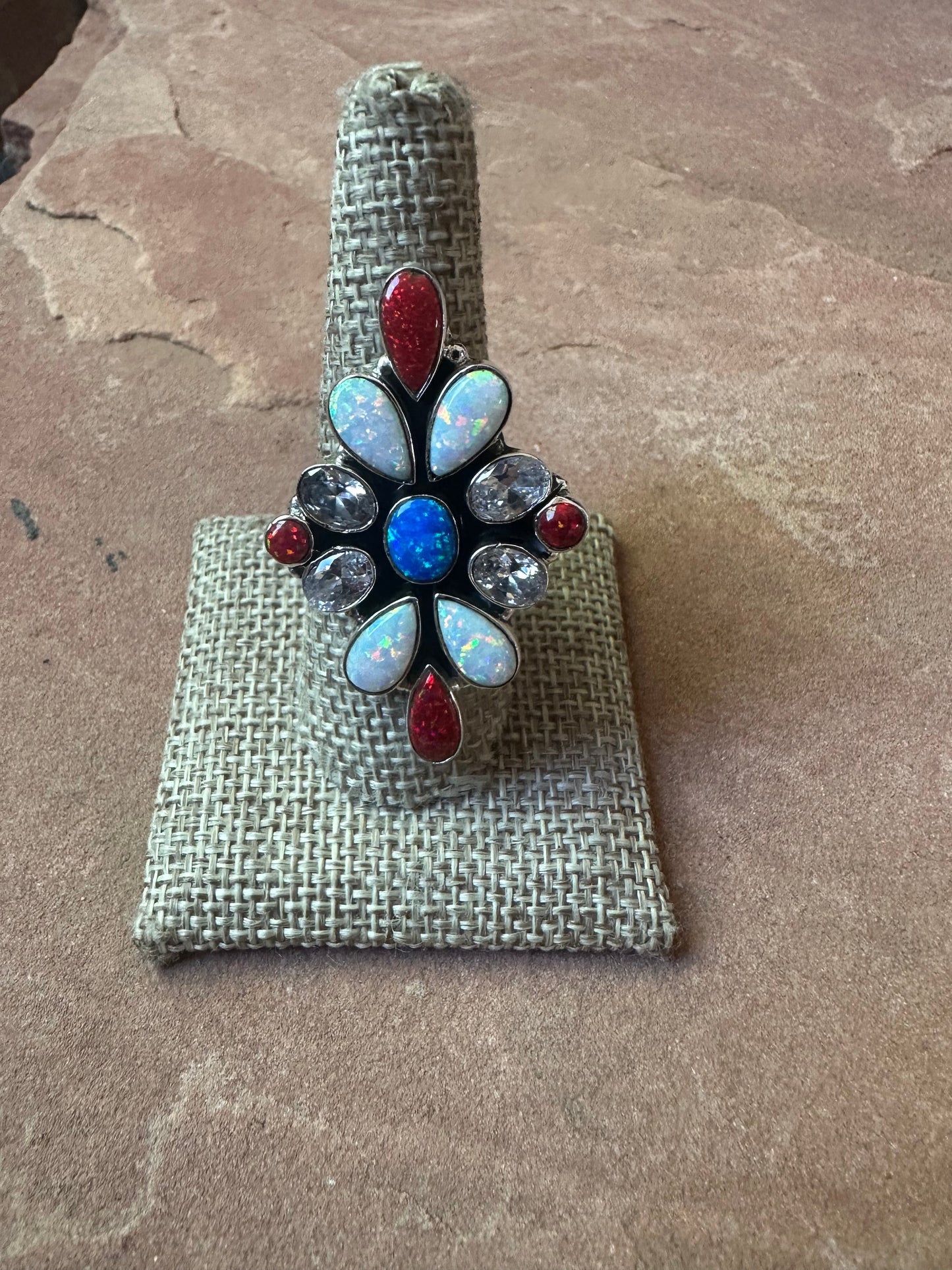 4TH OF JULY COLLECTION Handmade Red, White & Blue Fire Opal & Sterling Silver Adjustable Ring Signed Nizhoni