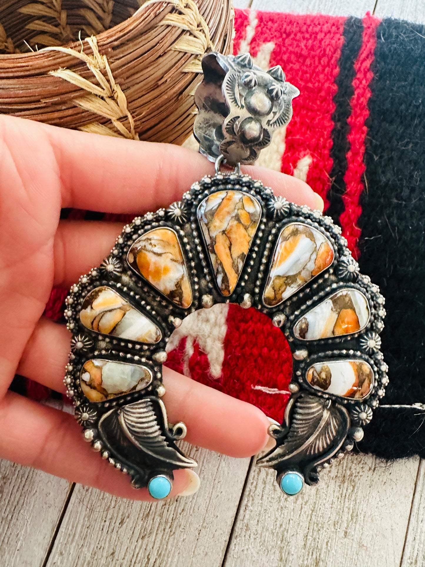 Navajo Sterling Silver, Spice & Turquoise Naja Pendant by Shawn Cayatineto