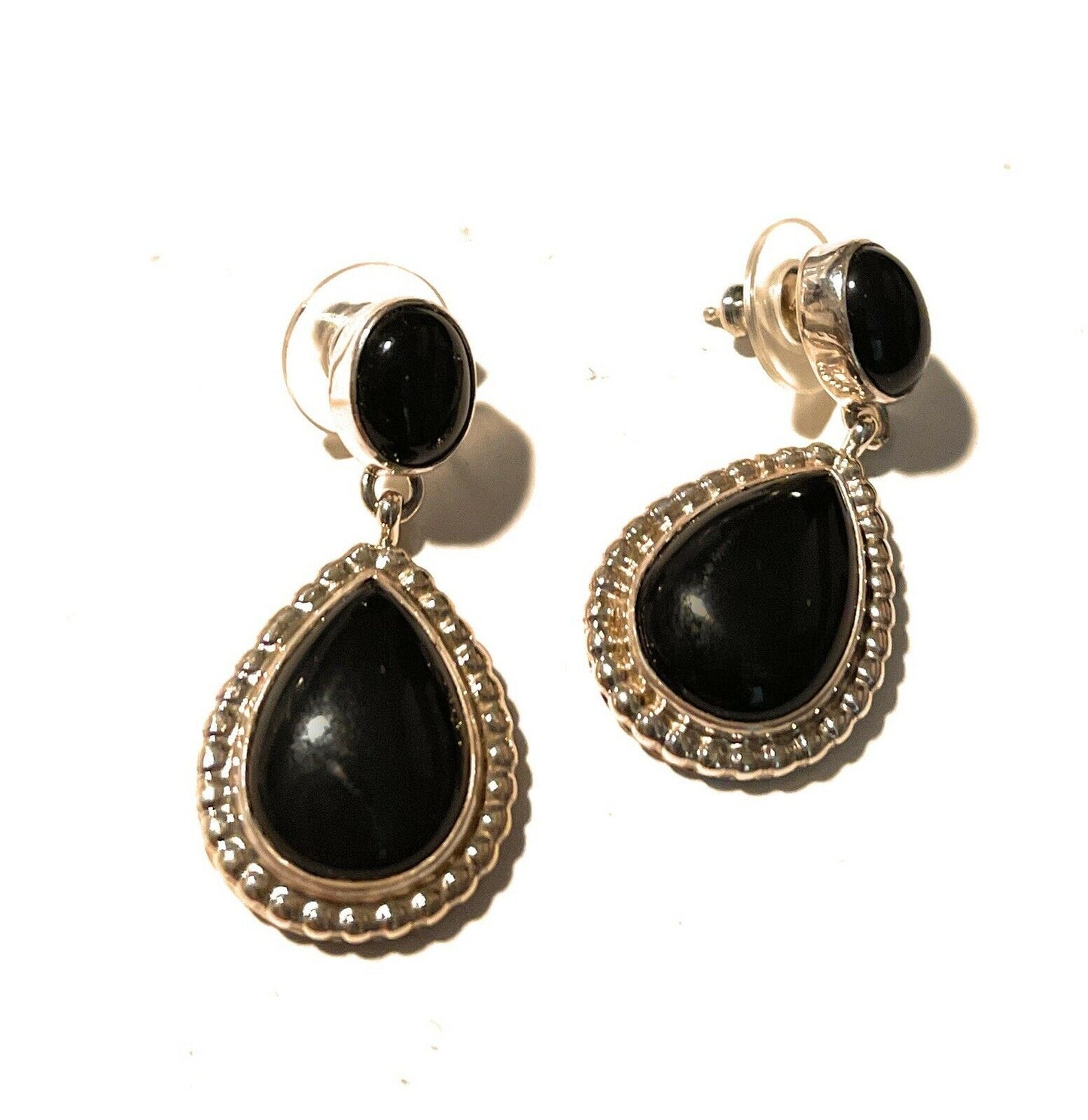 Beautiful Navajo Sterling Silver Black Onyx Teardrop Post Dangle Earrings