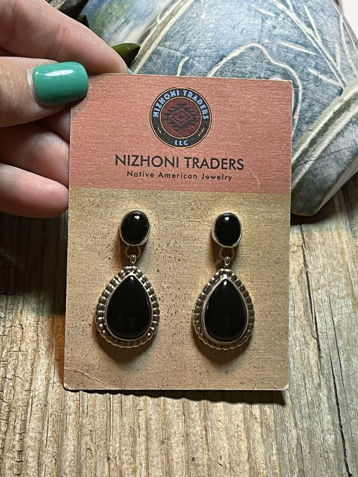 Beautiful Navajo Sterling Silver Black Onyx Teardrop Post Dangle Earrings