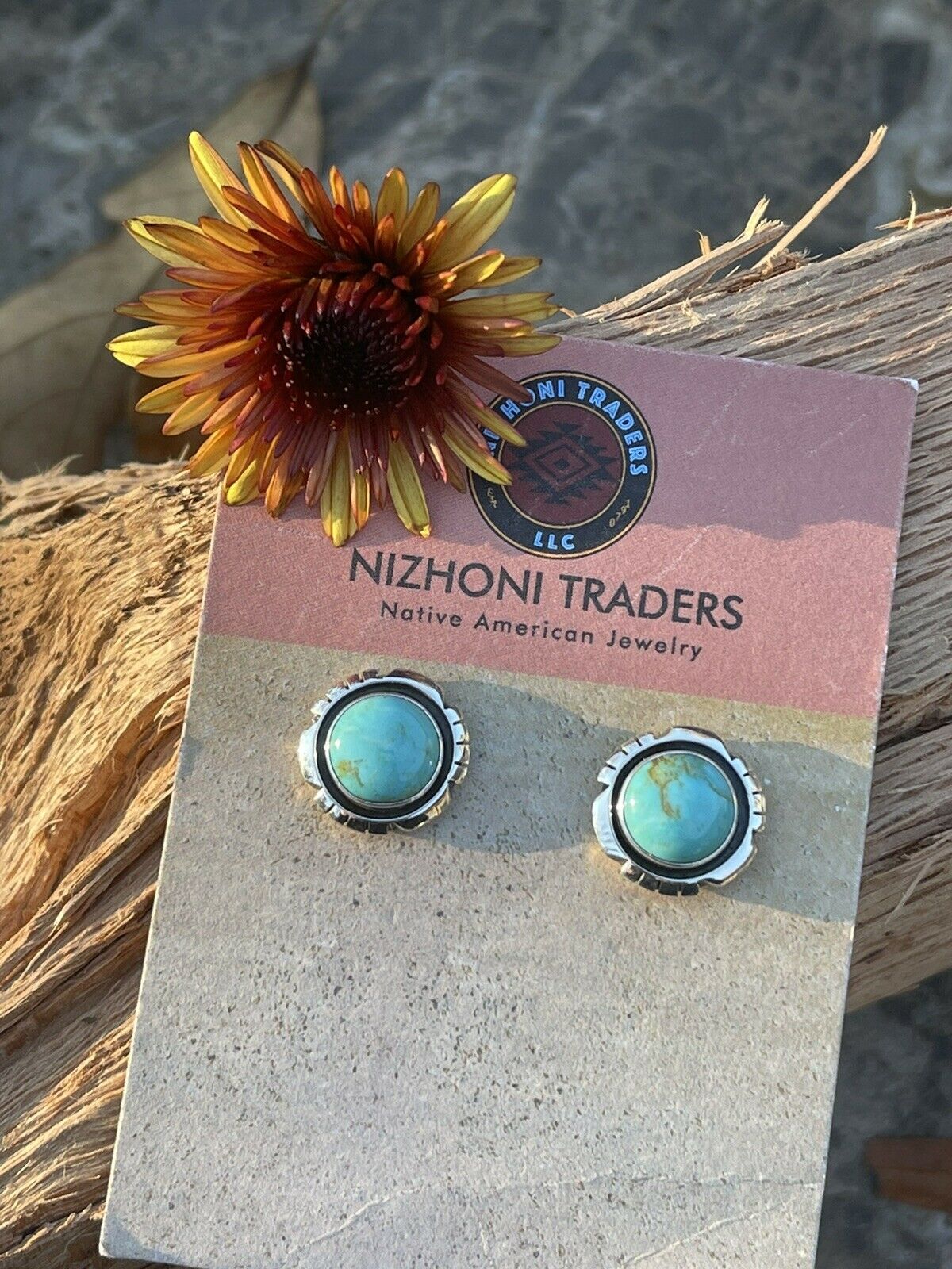 Navajo Turquoise & Sterling Silver 5/8 Inch Stud Earrings Signed