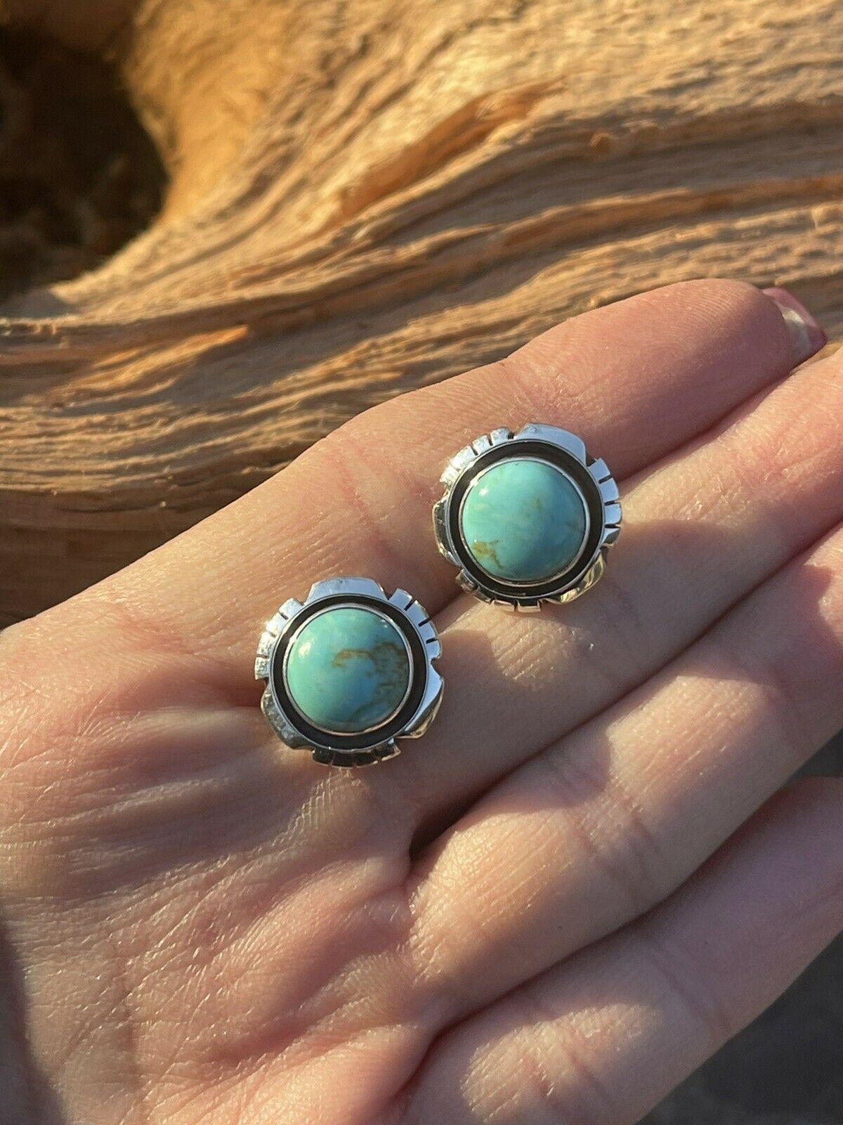 Navajo Turquoise & Sterling Silver 5/8 Inch Stud Earrings Signed