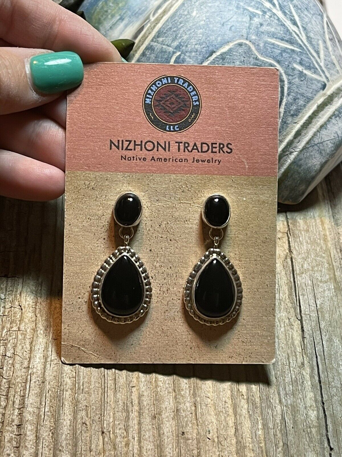 Beautiful Navajo Sterling Silver Black Onyx Teardrop Post Dangle Earrings