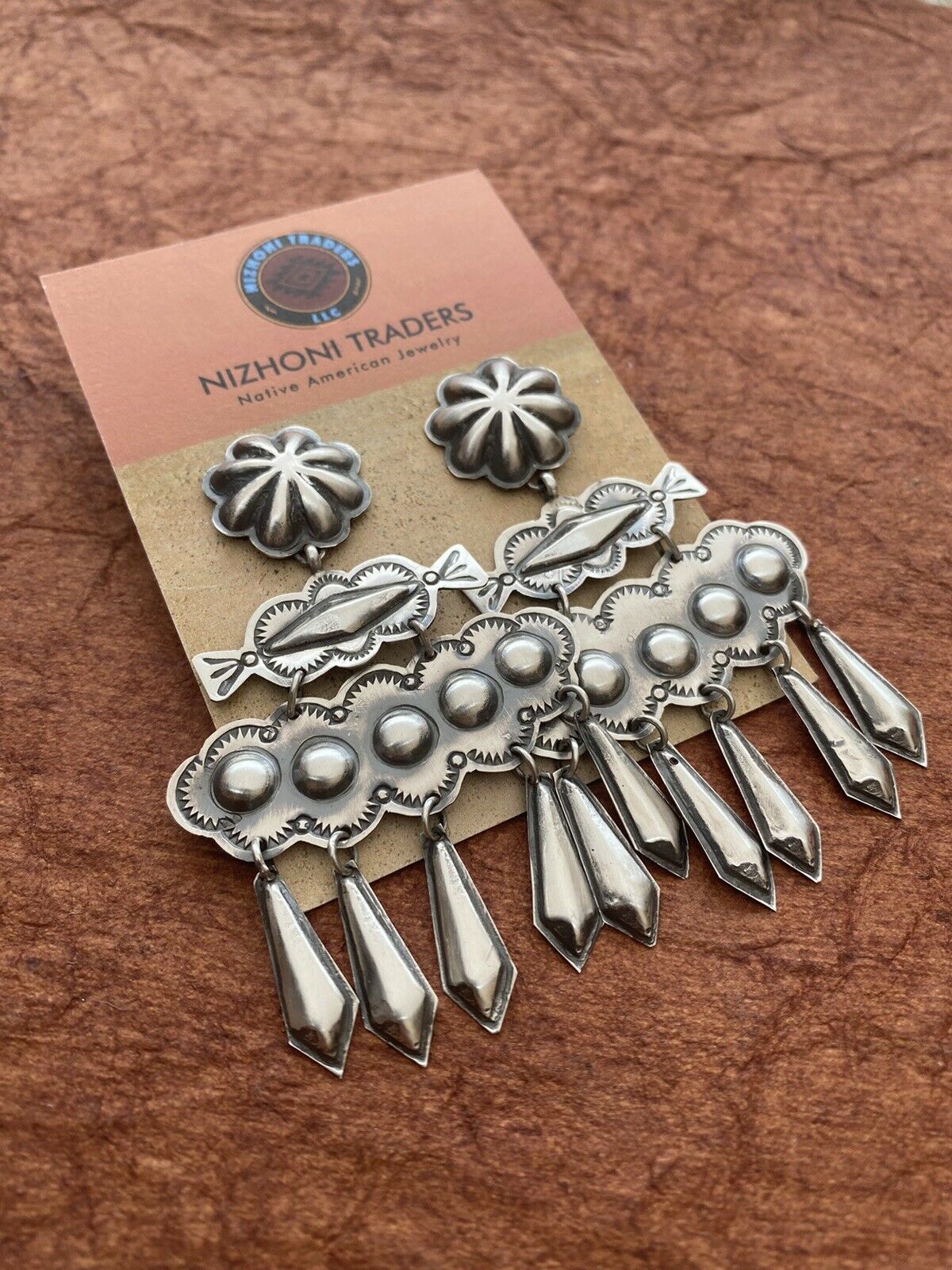 Beautiful Navajo Sterling Silver Concho Dangle Earrings