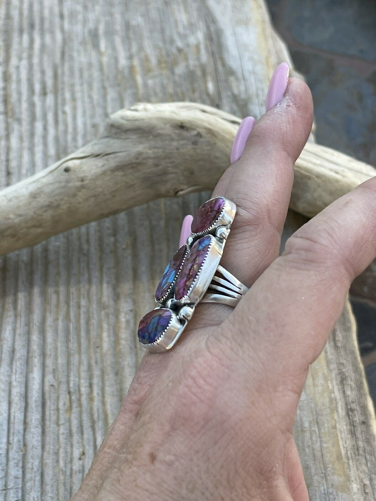 Navajo 4 stone Pink Dream Mohave & Sterling Silver Ring Size 6