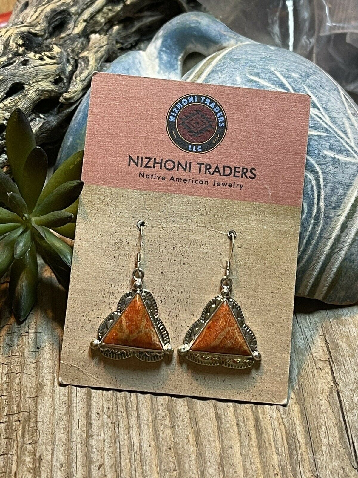 Beautiful Navajo Sterling Silver Apple Coral Triangle Dangle Earrings