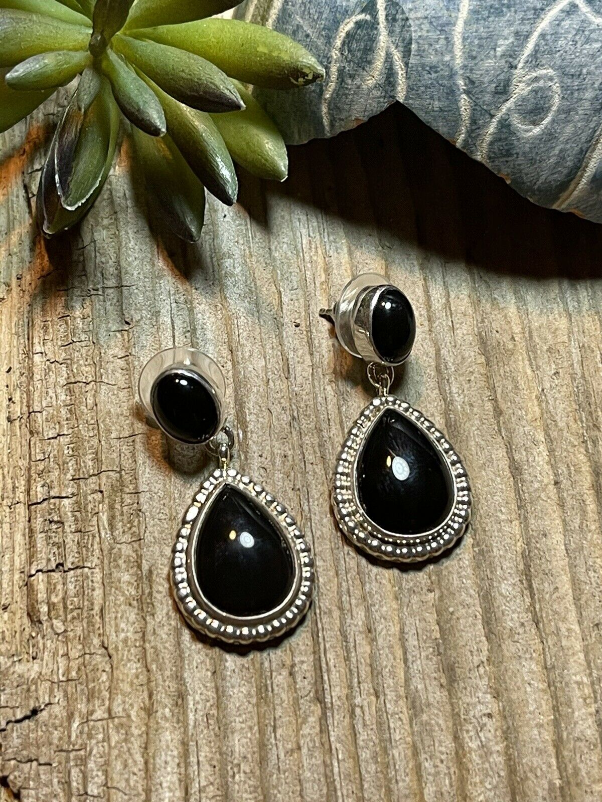 Beautiful Navajo Sterling Silver Black Onyx Teardrop Post Dangle Earrings