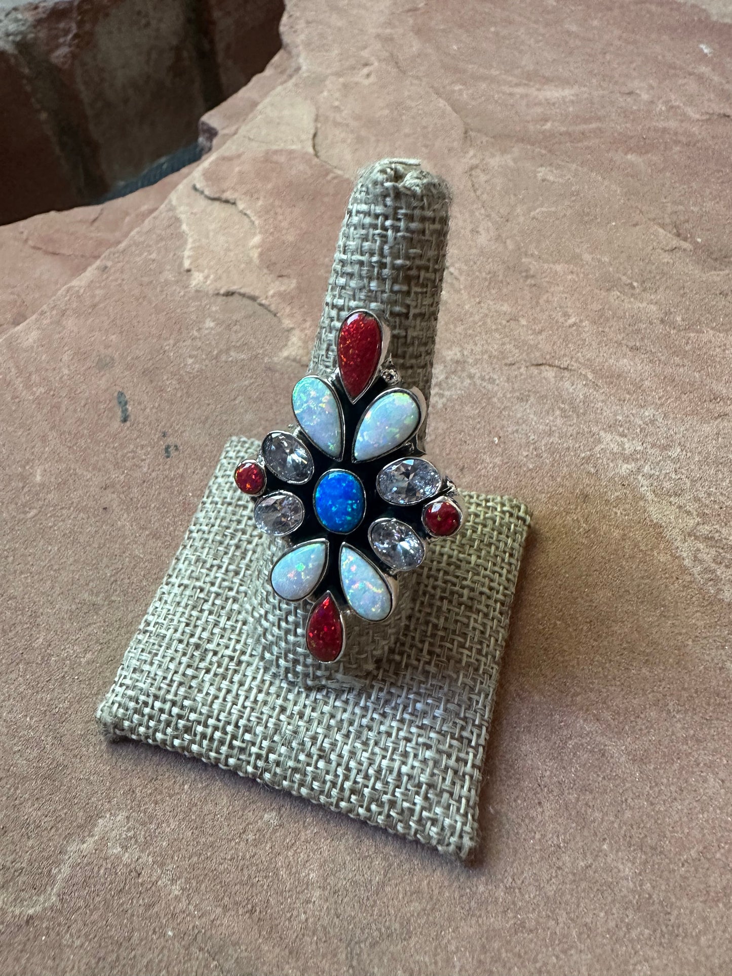 4TH OF JULY COLLECTION Handmade Red, White & Blue Fire Opal & Sterling Silver Adjustable Ring Signed Nizhoni