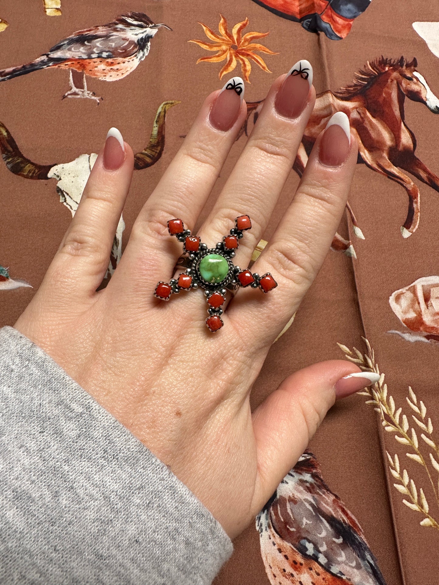 Beautiful Handmade Coral, Sonoran Turquoise And Sterling Silver Adjustable STAR Ring